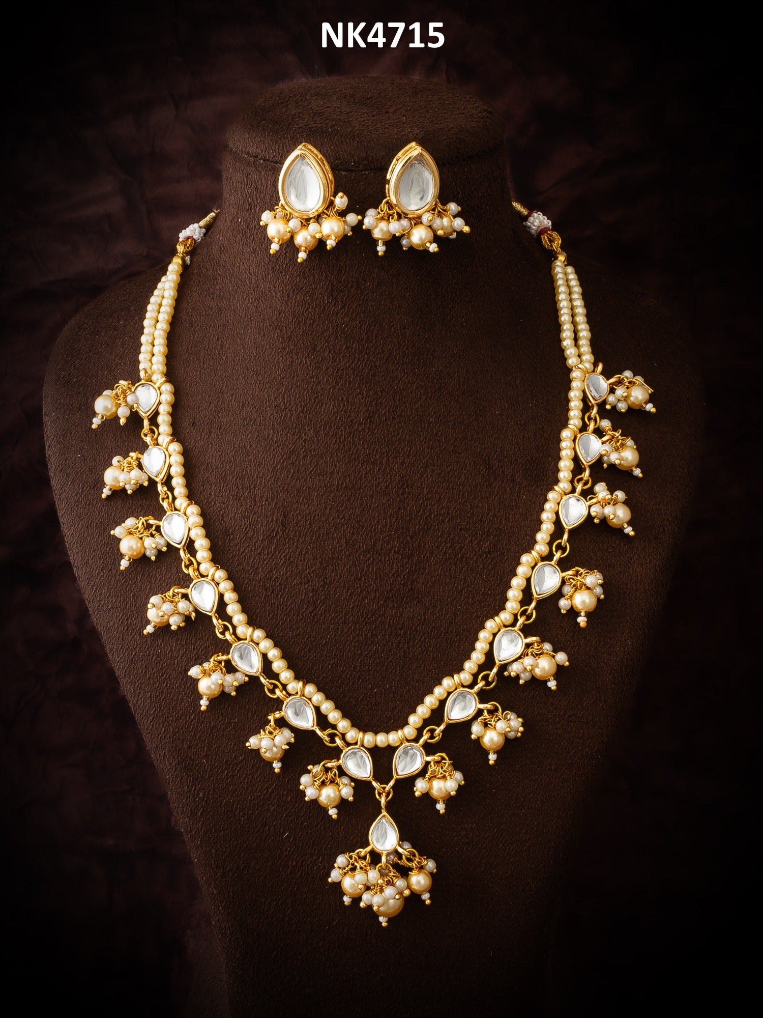 Gold Plated White Beads Kundan Bridal Necklace Set – View 5 | Aadita Jewelry