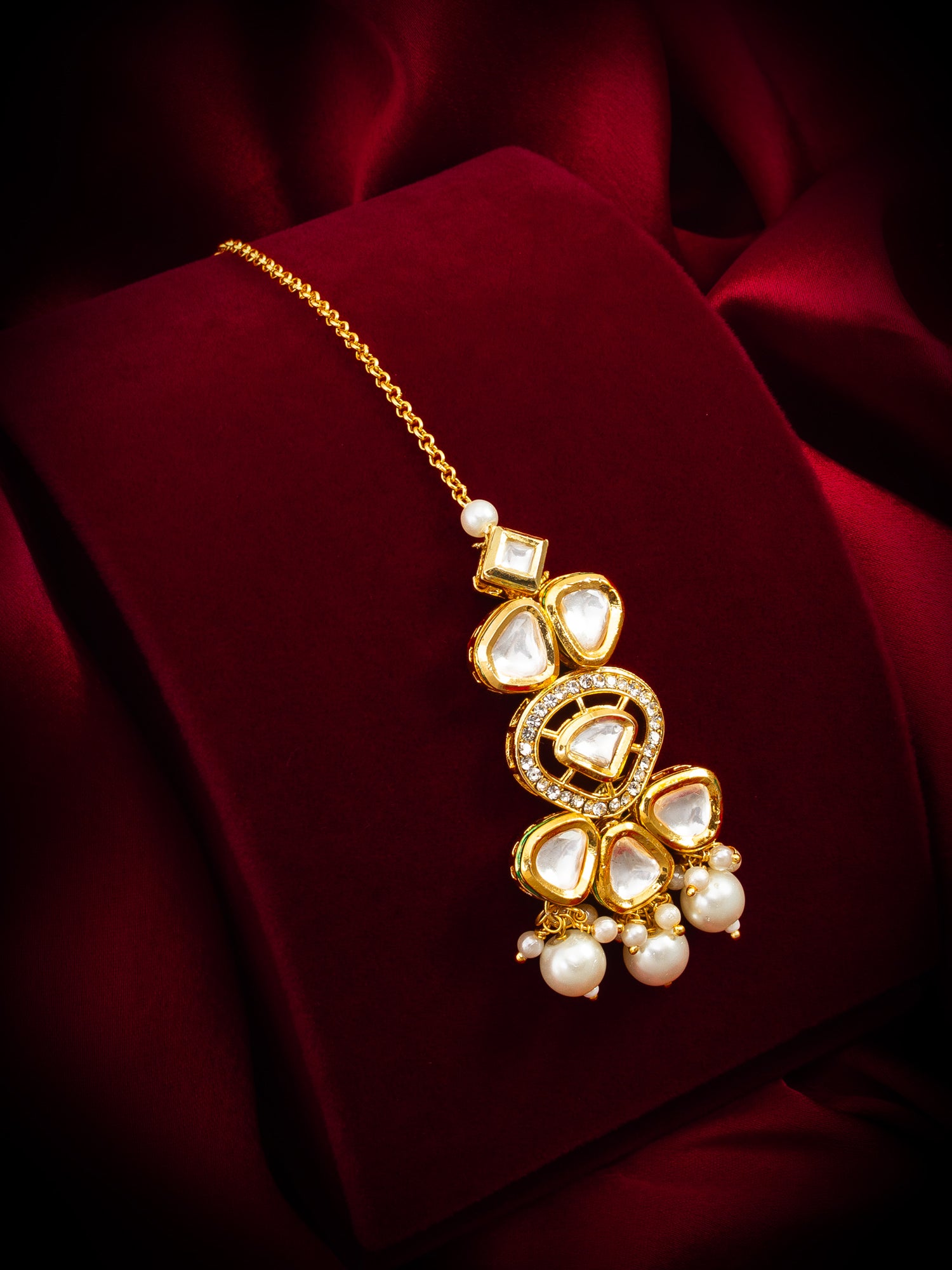 Gold-Plated Polki Kundan Maang Tikka with Pearl Drop – View 5 | Aadita Jewelry