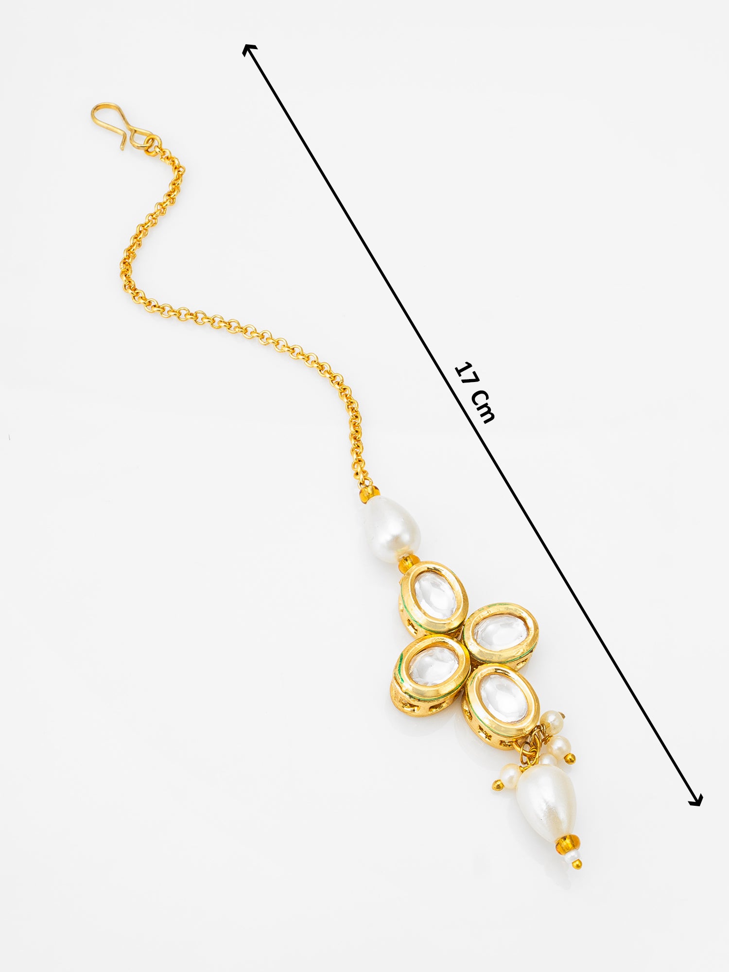 Gold-Tone Kundan Maang Tikka with Pearl and Drop – View 4 | Aadita Jewelry