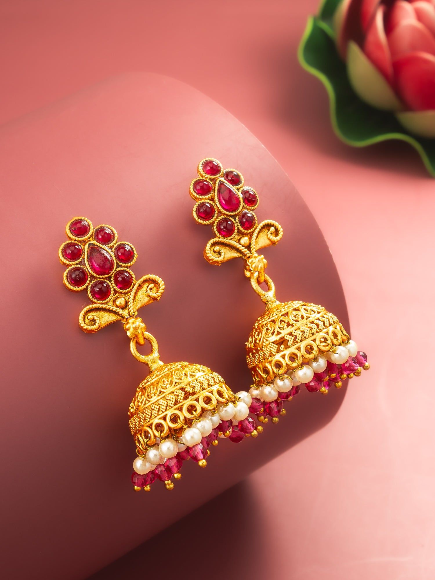 Aadita Classic Gold Plated Pink Stone Mini Jhumka Earrings – View 5 | Aadita Jewelry
