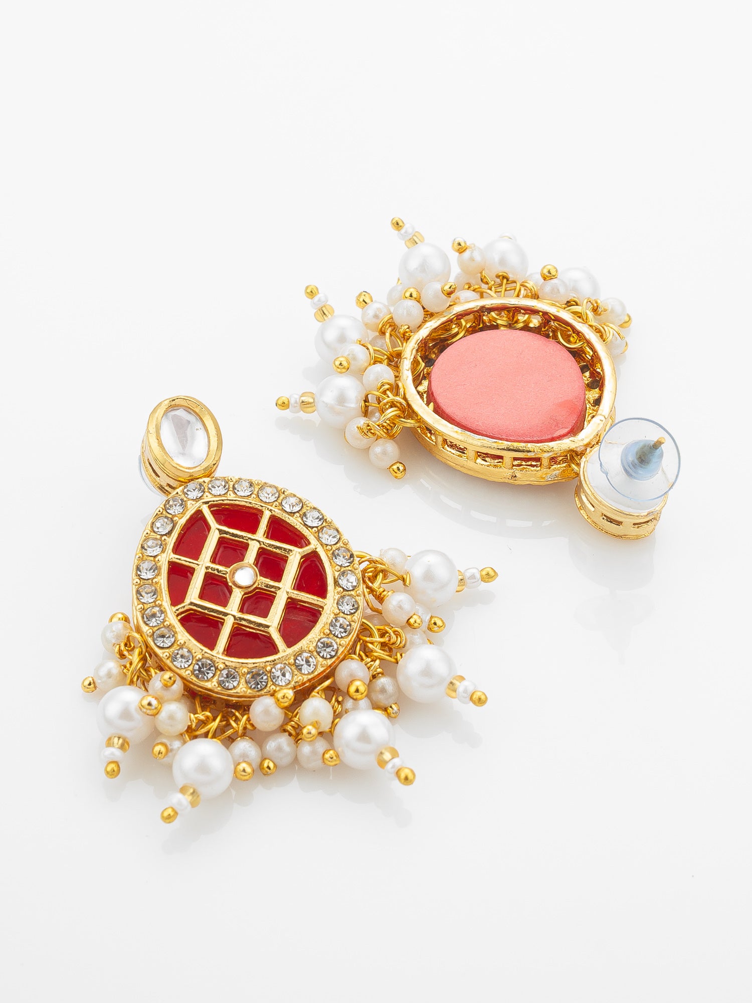 Aadita Gold-Plated Double-Layer Kundan Necklace Set with Red Stones and Pearl Drops end Earrings – View 3 | Aadita Jewelry