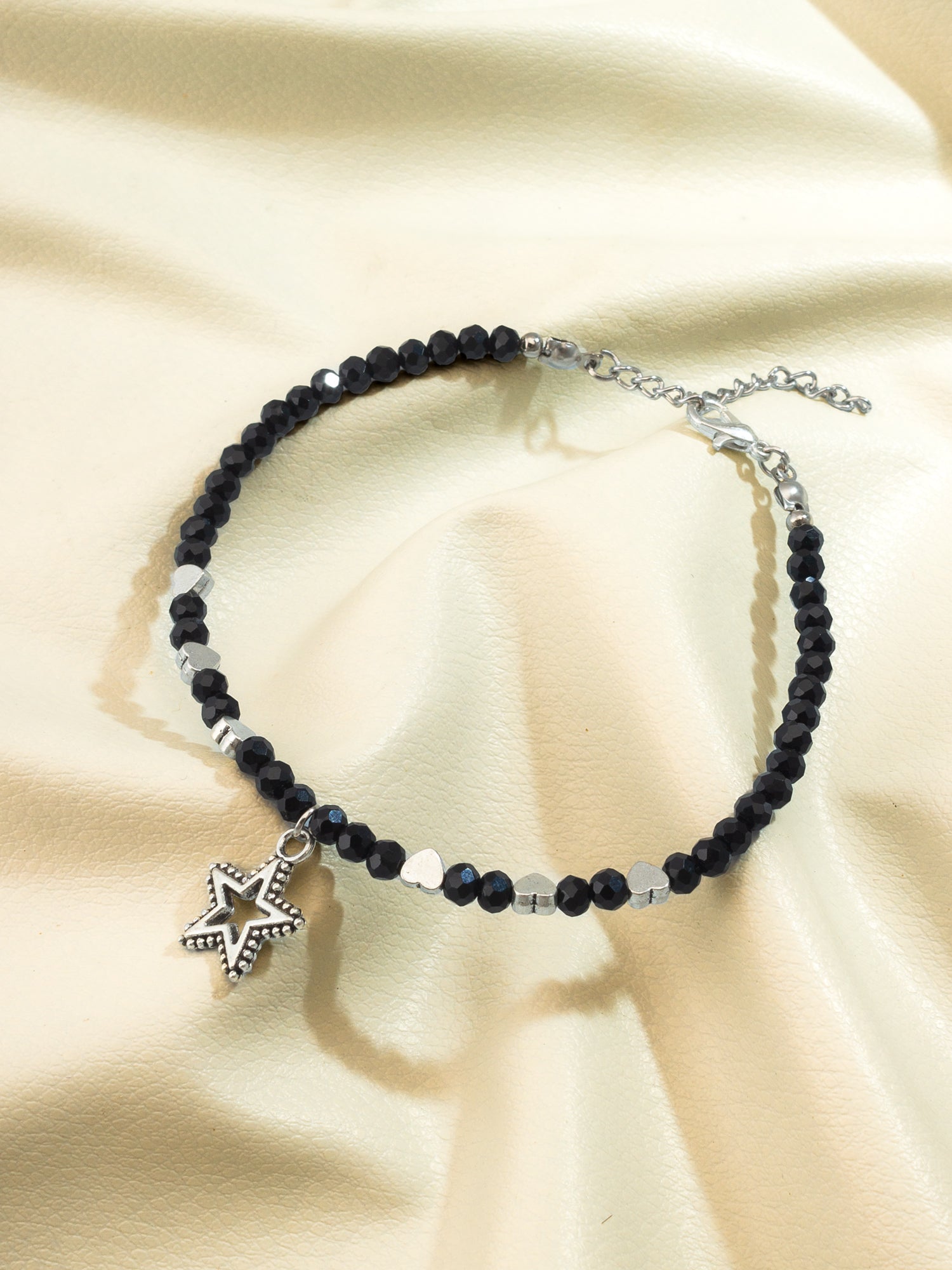 Black Faceted Bead Oxidized Star Charm Beaded Anklet – View 4 | Aadita Jewelry