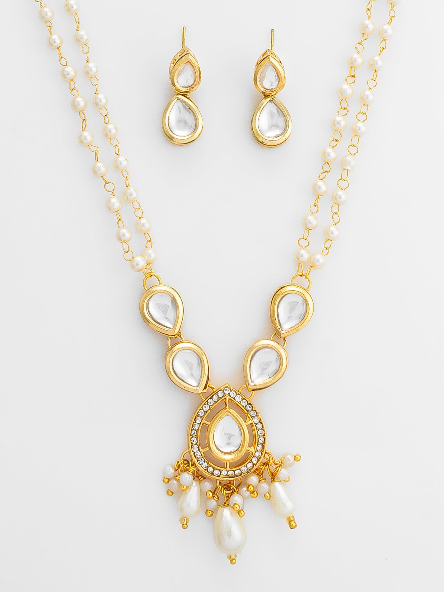 Gold Plated Pearl and Kundan Long Necklace Set – View 4 | Aadita Jewelry