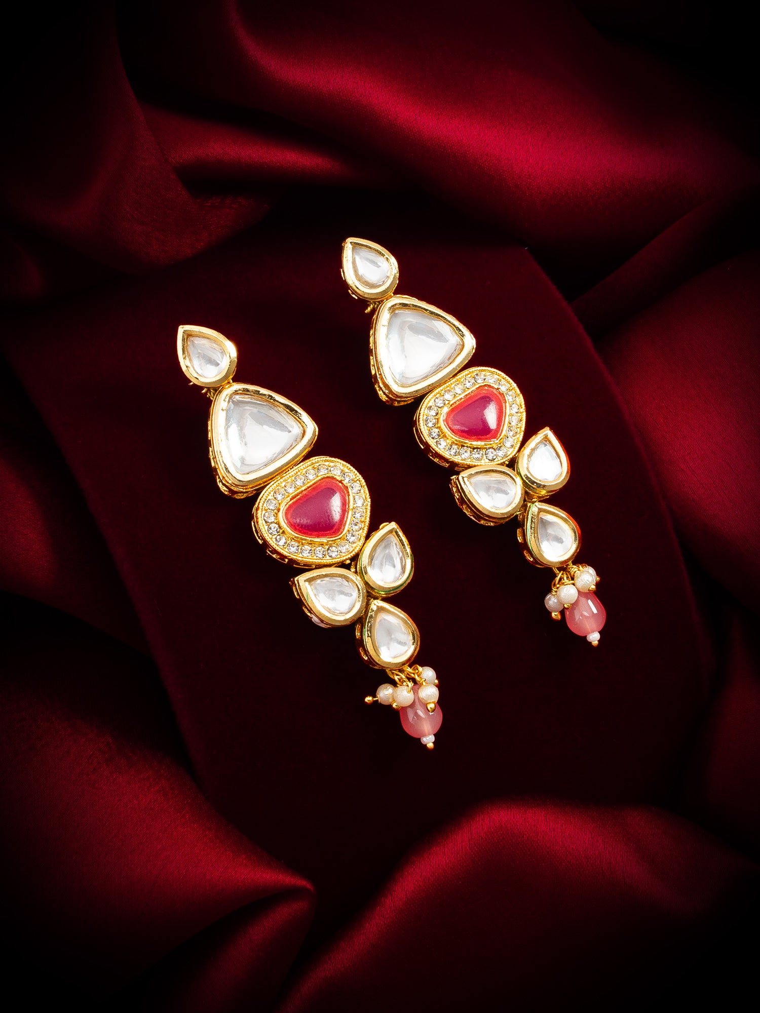 Gold-Plated Stone Long Drop Earrings with Pearl and Bead – View 4 | Aadita Jewelry