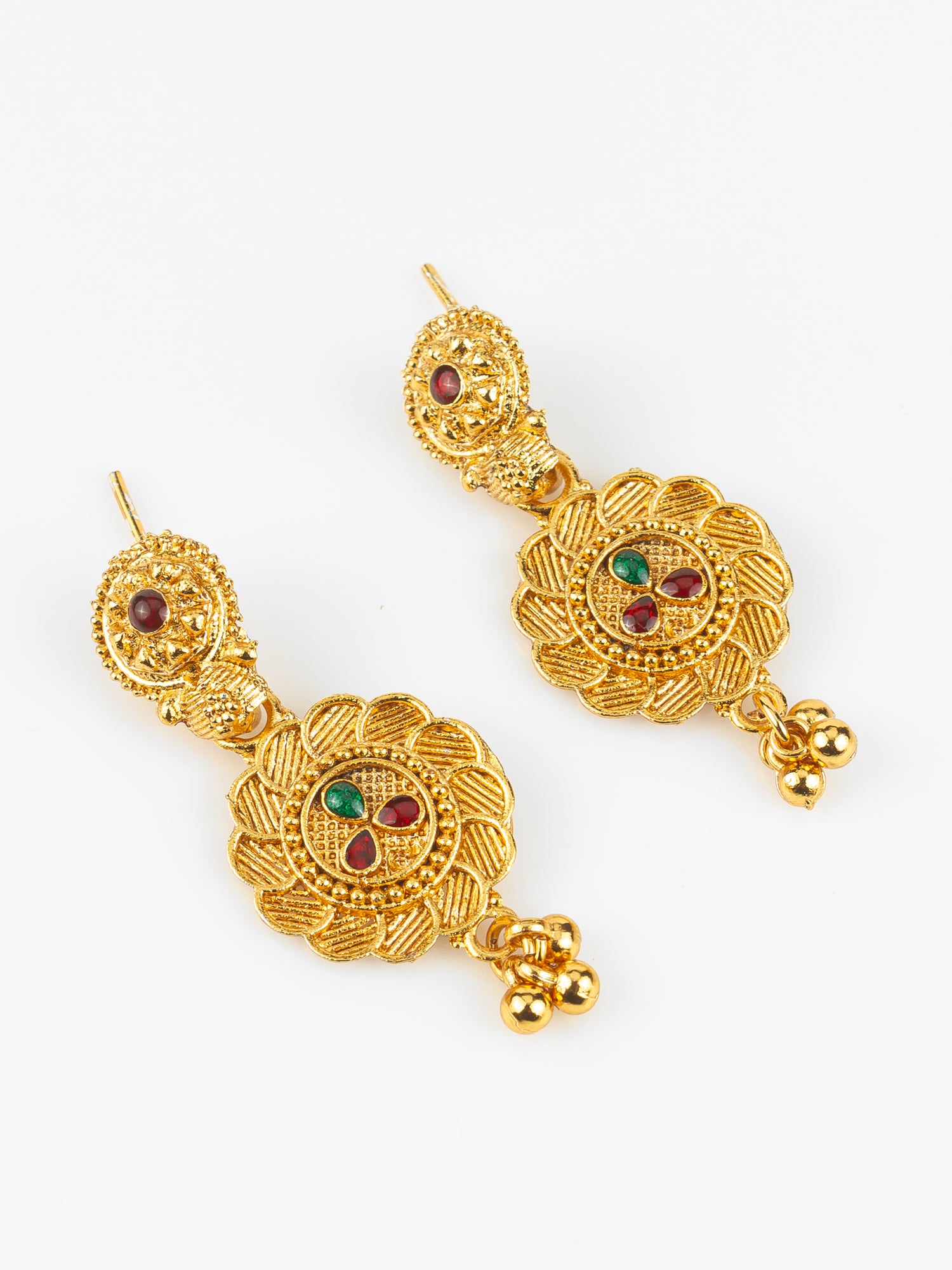 Gold Plated Traditional South Indian Long Necklace Set with Kemp Stones for Women – View 2 | Aadita Jewelry