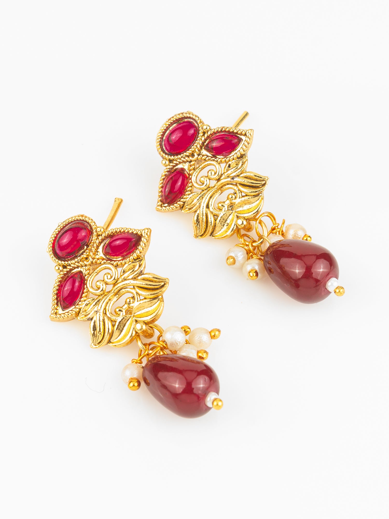 Gold Plated Maroon Oval Stone Designer Traditional Necklace Set for Women – View 2 | Aadita Jewelry