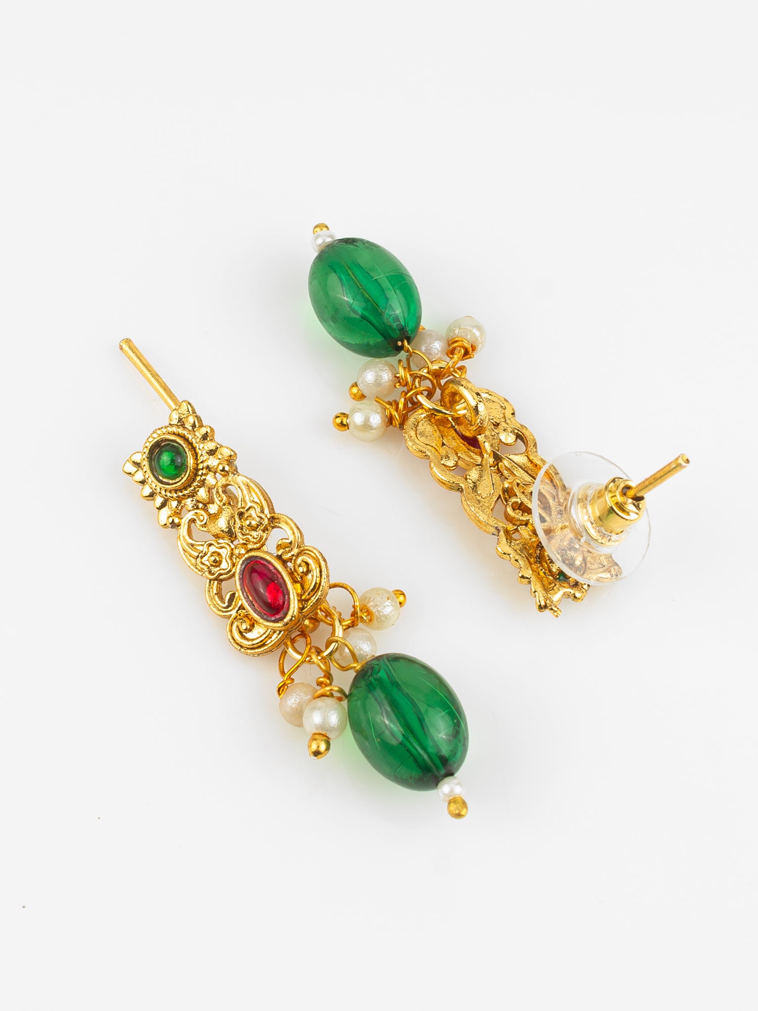Gold Plated Red & Green Temple-Inspired Necklace Set with Drop Earrings – View 3 | Aadita Jewelry