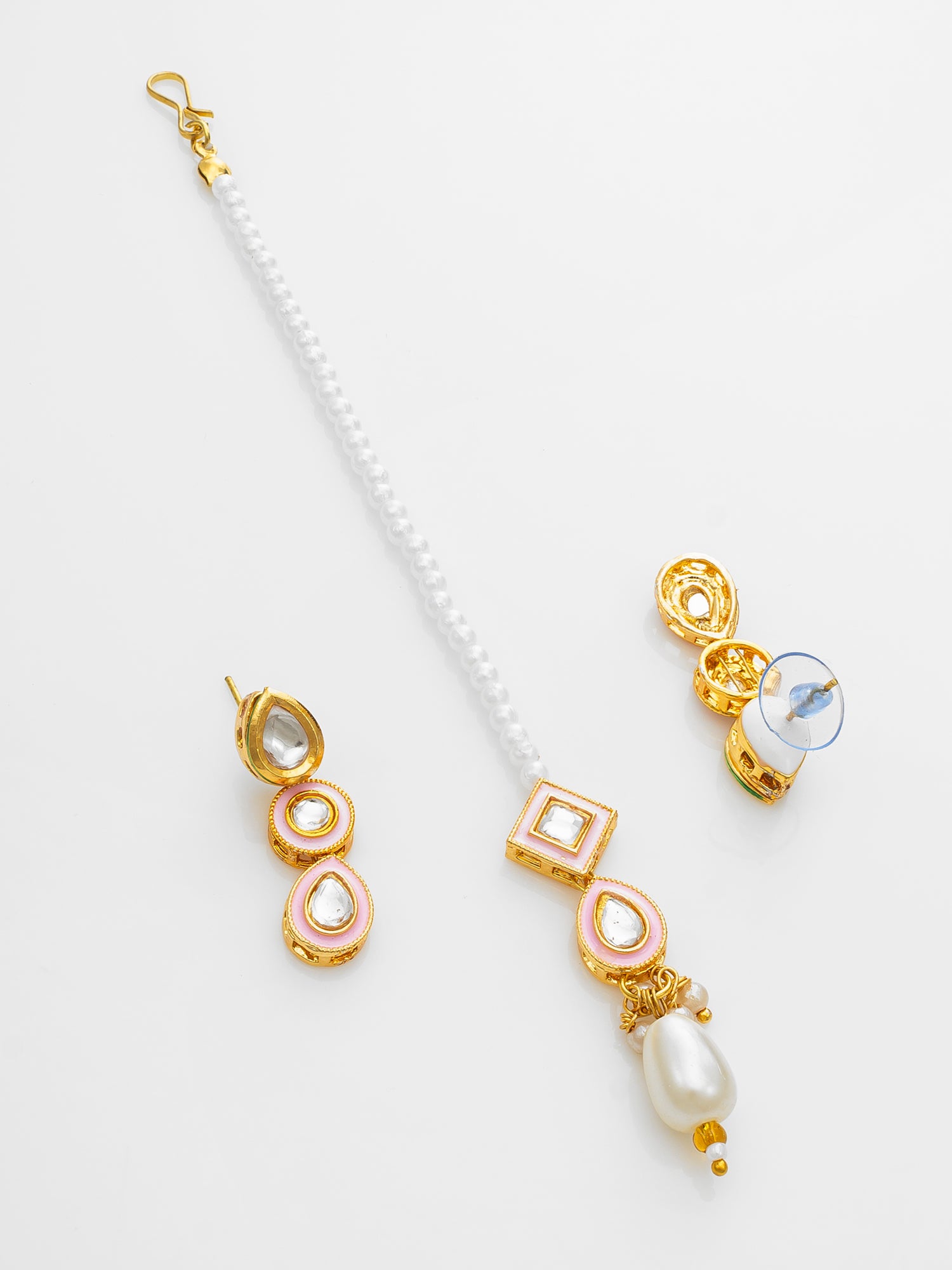 White Kundan Pearl Bridal Necklace Set with Maang Tikka – View 3 | Aadita Jewelry
