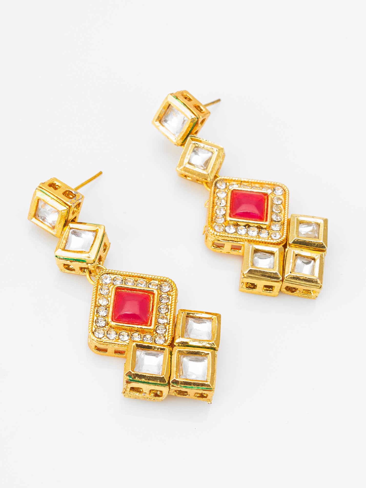 Gold-Plated Geometric Square Cascade Drop Earrings with Pink Stone | Aadita Jewelry