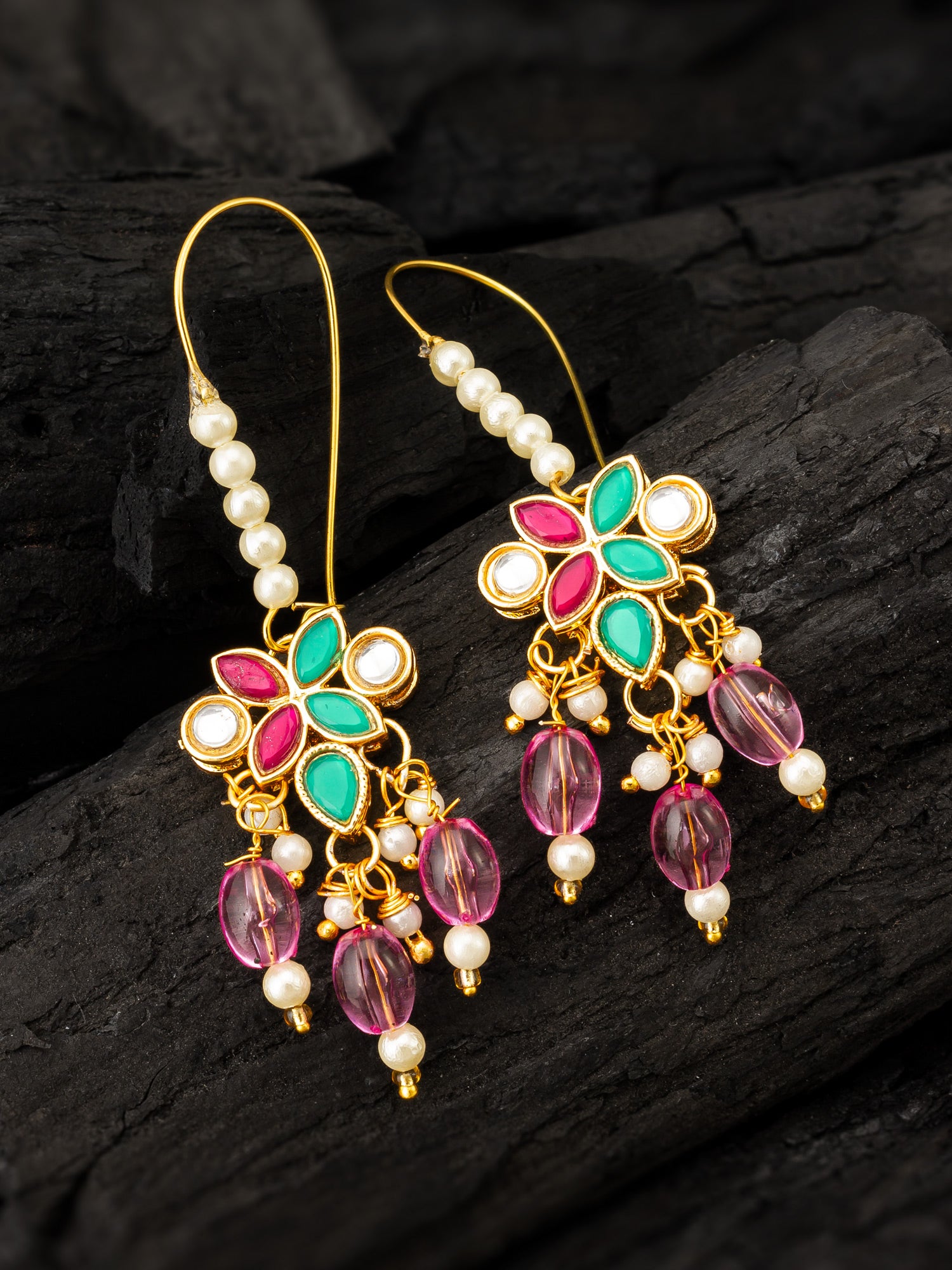 Floral Multi-Stone Drop Earrings with Pink Beads – View 5 | Aadita Jewelry