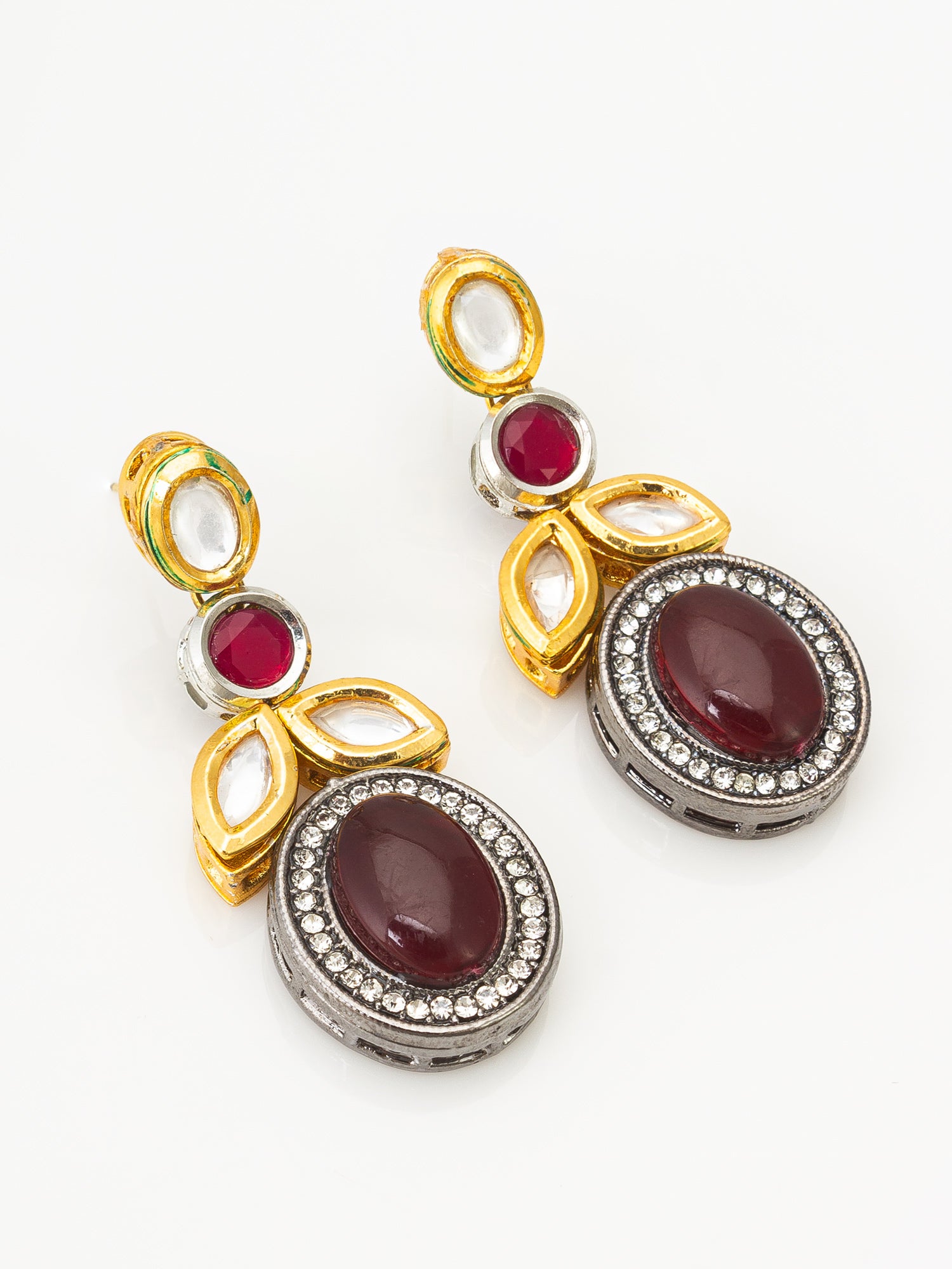 Dual-Tone Cabochon Drop Earrings with Oxidized Silver Finish | Aadita Jewelry