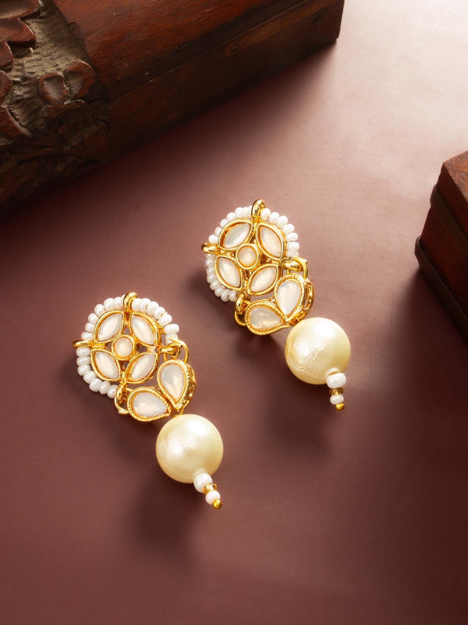 Aadita White Kundan Pearl Drop Earrings – View 5 | Aadita Jewelry