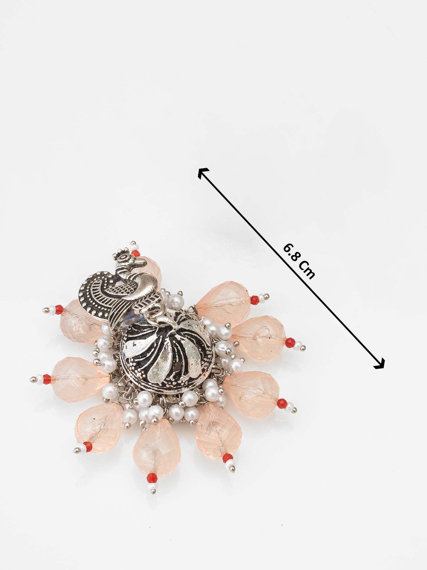 Oxidized Silver Peacock Jhumka Earrings with Peach Crystal Beads – View 3 | Aadita Jewelry