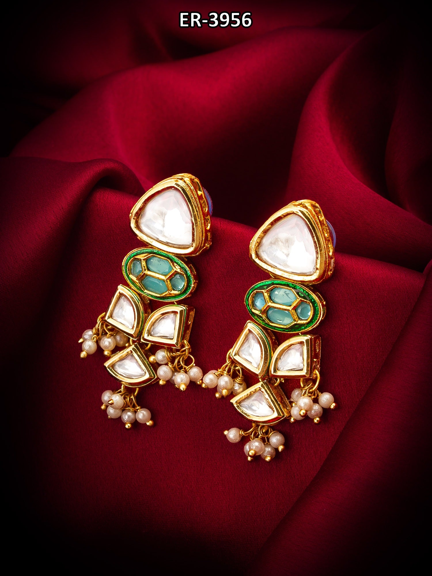 Gold-Toned Kundan Earrings with Meenakari and Pearl Drops – View 5 | Aadita Jewelry