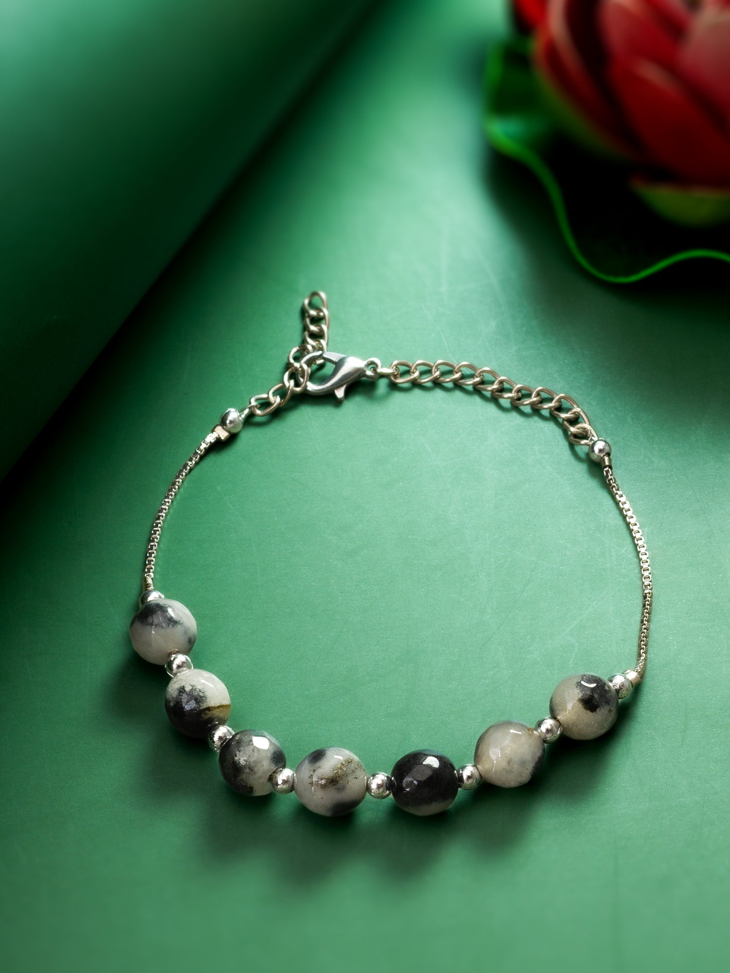 Grey Stone Bead Bracelet with Box Chain – View 3 | Aadita Jewelry