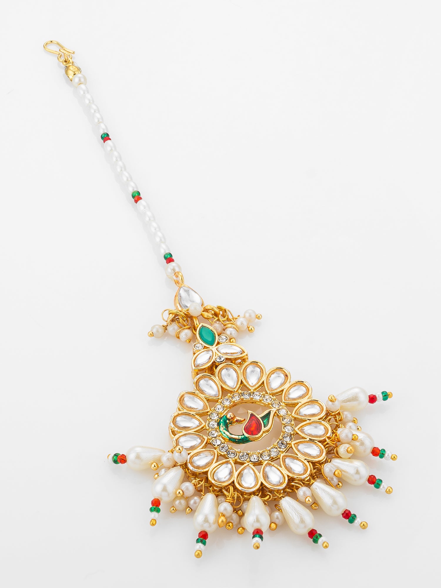Aadita Gold Plated Kundan Peacock Maang Tikka with Pearl and Red-Green Bead Chain – View 2 | Aadita Jewelry