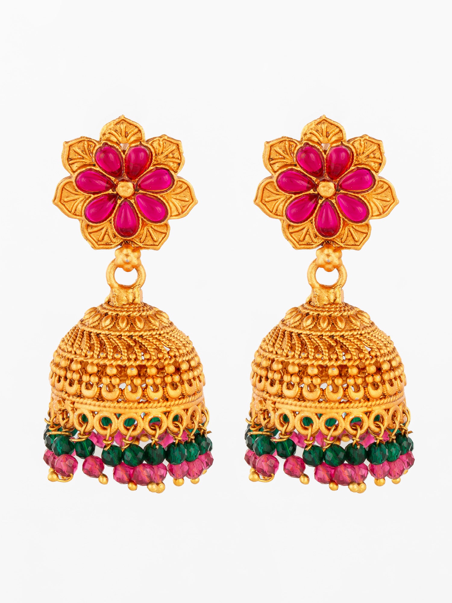 Aadita Floral Gold Plated Pink and Green Jhumka Earrings | Aadita Jewelry
