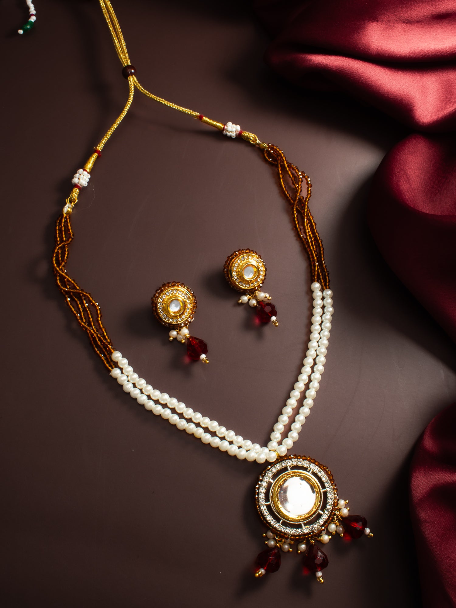 Gold-Plated Amber Beaded Kundan Necklace Set with Earrings – View 5 | Aadita Jewelry