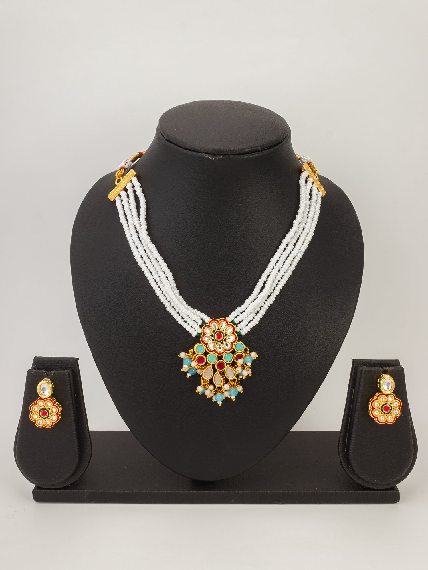 Floral Kundan Pearl Multicolour Necklace Set – View 4 | Aadita Jewelry