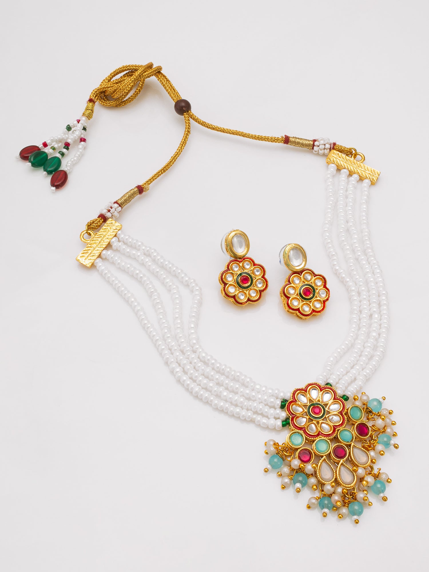 Floral Kundan Pearl Multicolour Necklace Set | Aadita Jewelry