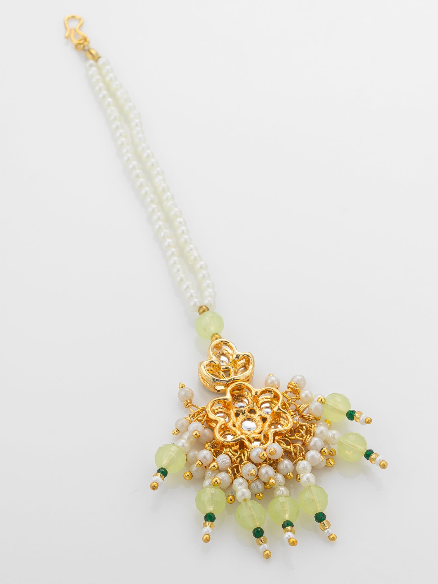 Aadita Gold Plated Teal Kundan Mangtika with Lime Bead Chain and Pearl Fringe – View 4 | Aadita Jewelry