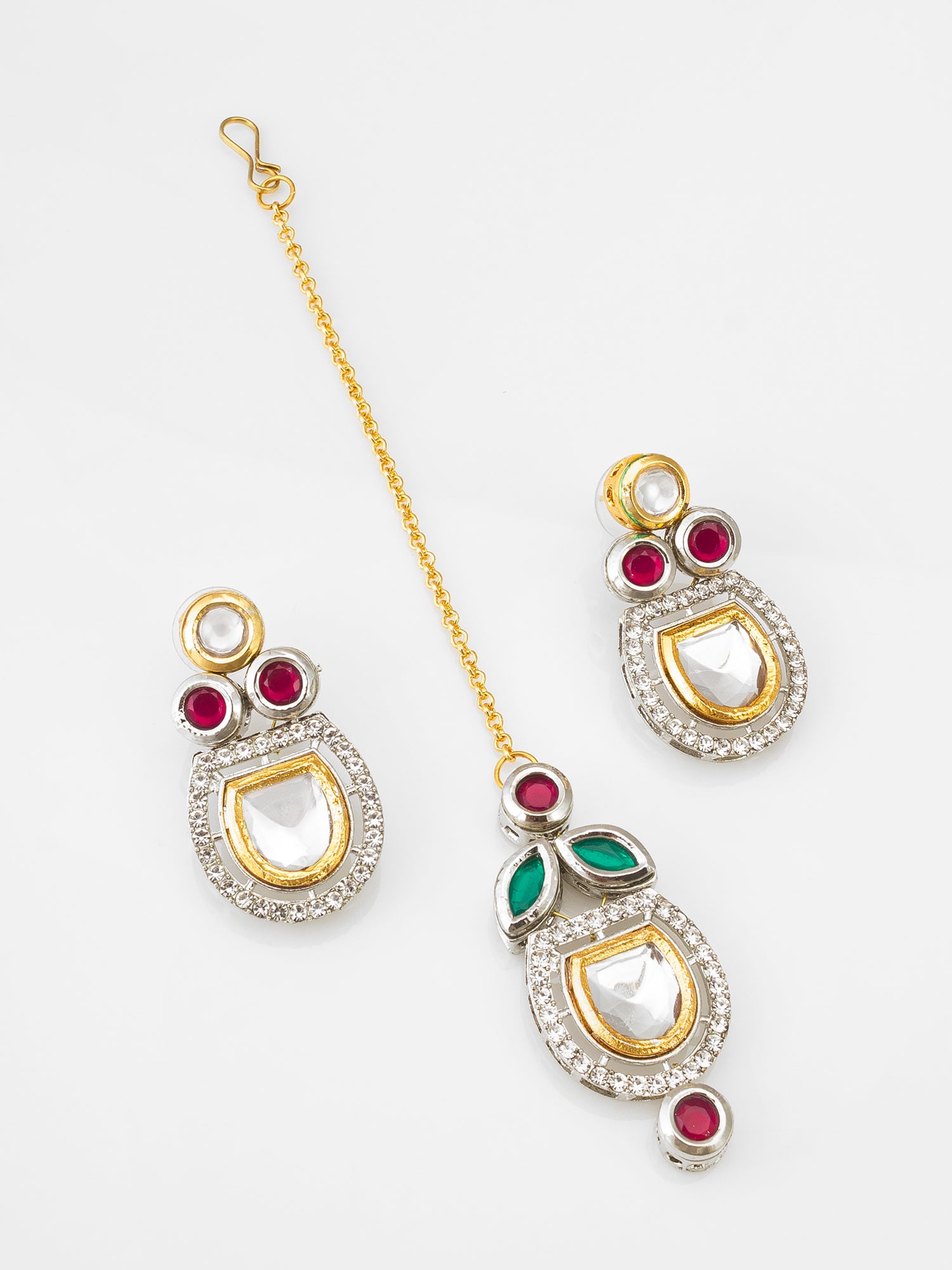 Dual-Tone Polki Kundan Necklace Set with Earrings and Maang Tikka – View 2 | Aadita Jewelry
