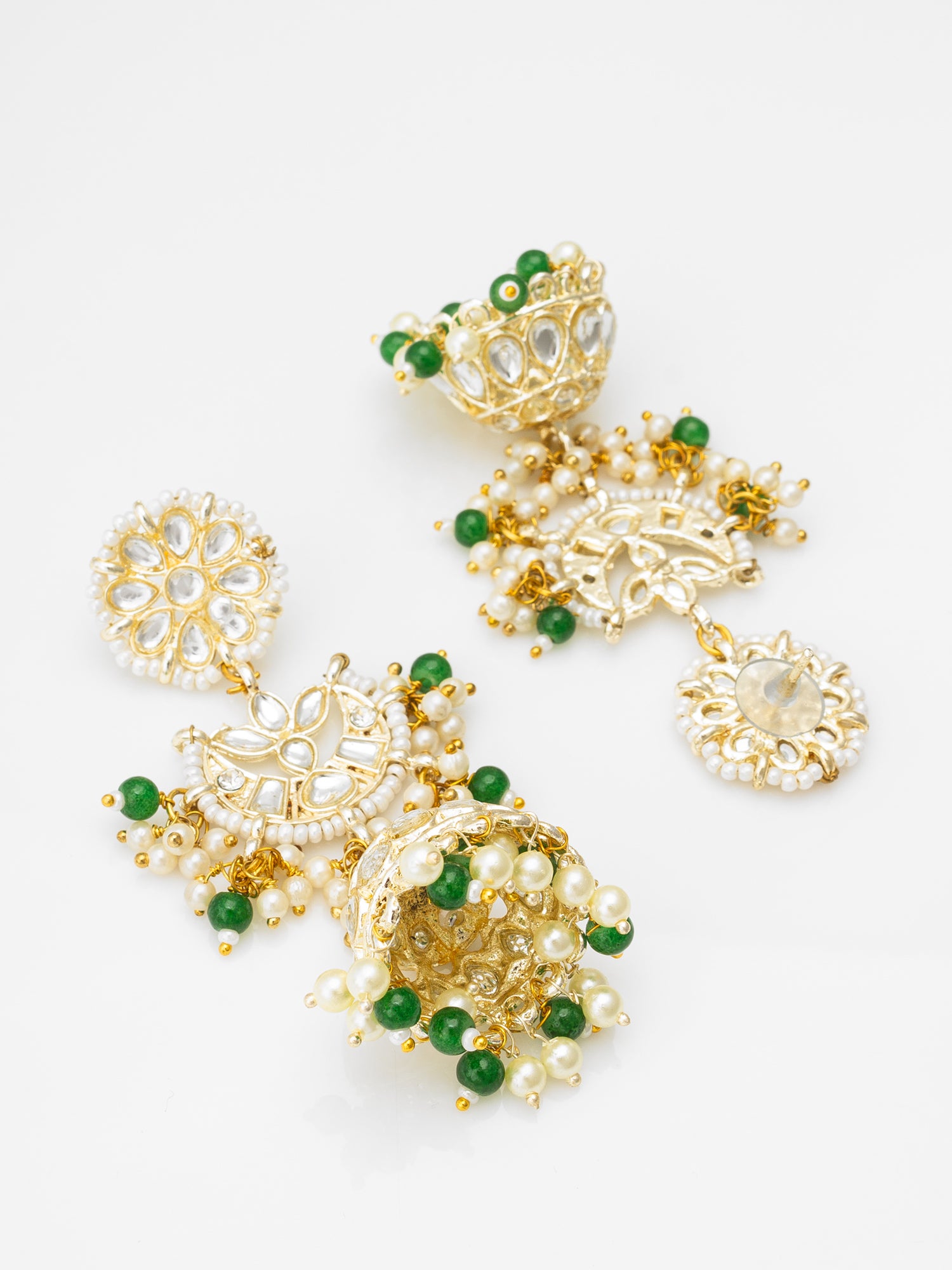 Traditional Kundan Green Bead Pearl Jhumka Earrings – View 2 | Aadita Jewelry