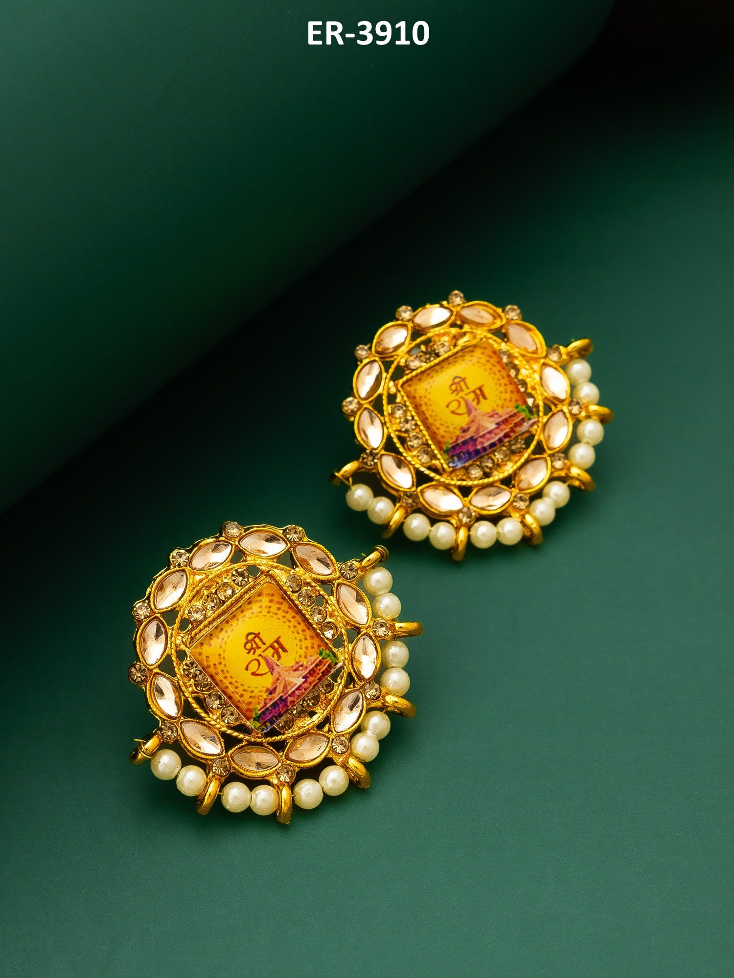 Gold Plated Shree Ram Temple Motif Kundan Stud Earrings – View 5 | Aadita Jewelry