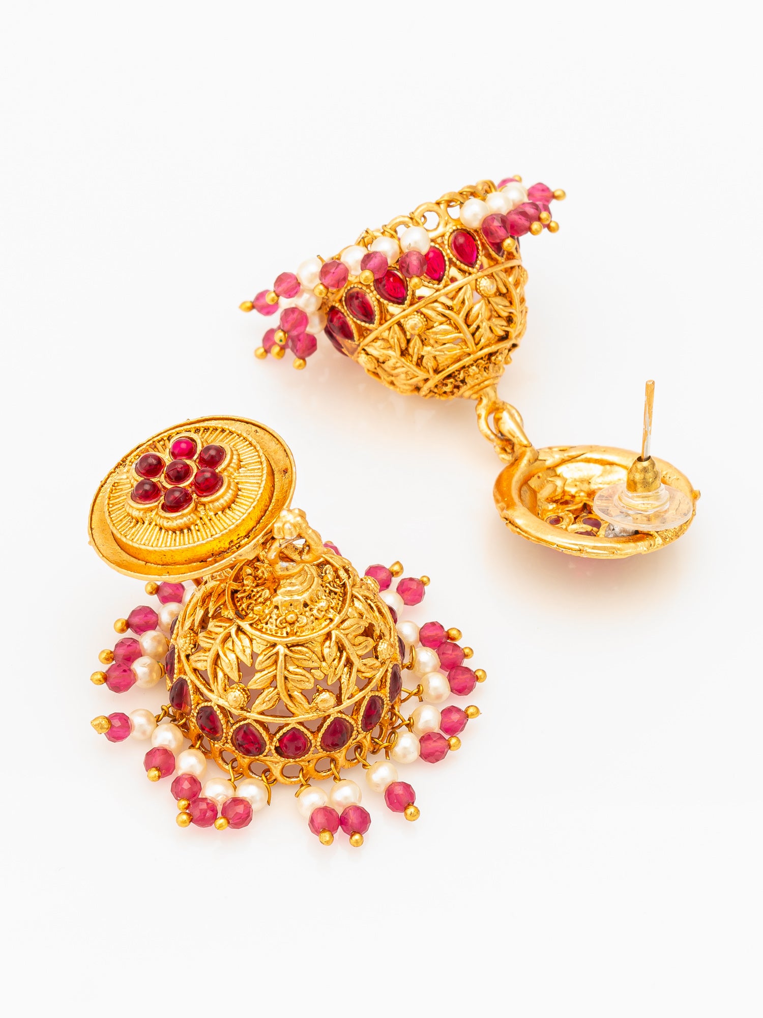 Aadita Traditional Gold Plated Pink Stone Jhumka Earrings – View 3 | Aadita Jewelry