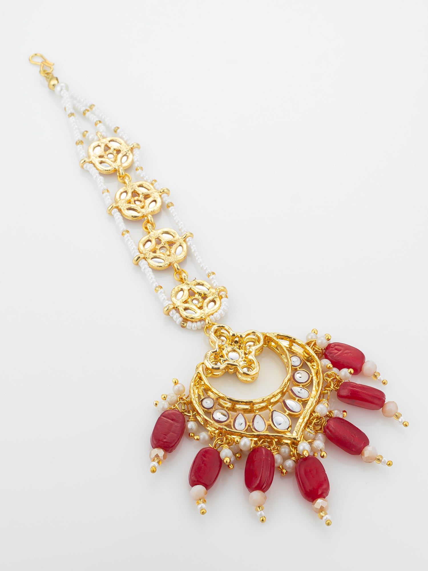 Aadita Gold Plated Kundan Chandbali Maang Tikka with Ruby Red Beads and Pearl Chain – View 4 | Aadita Jewelry