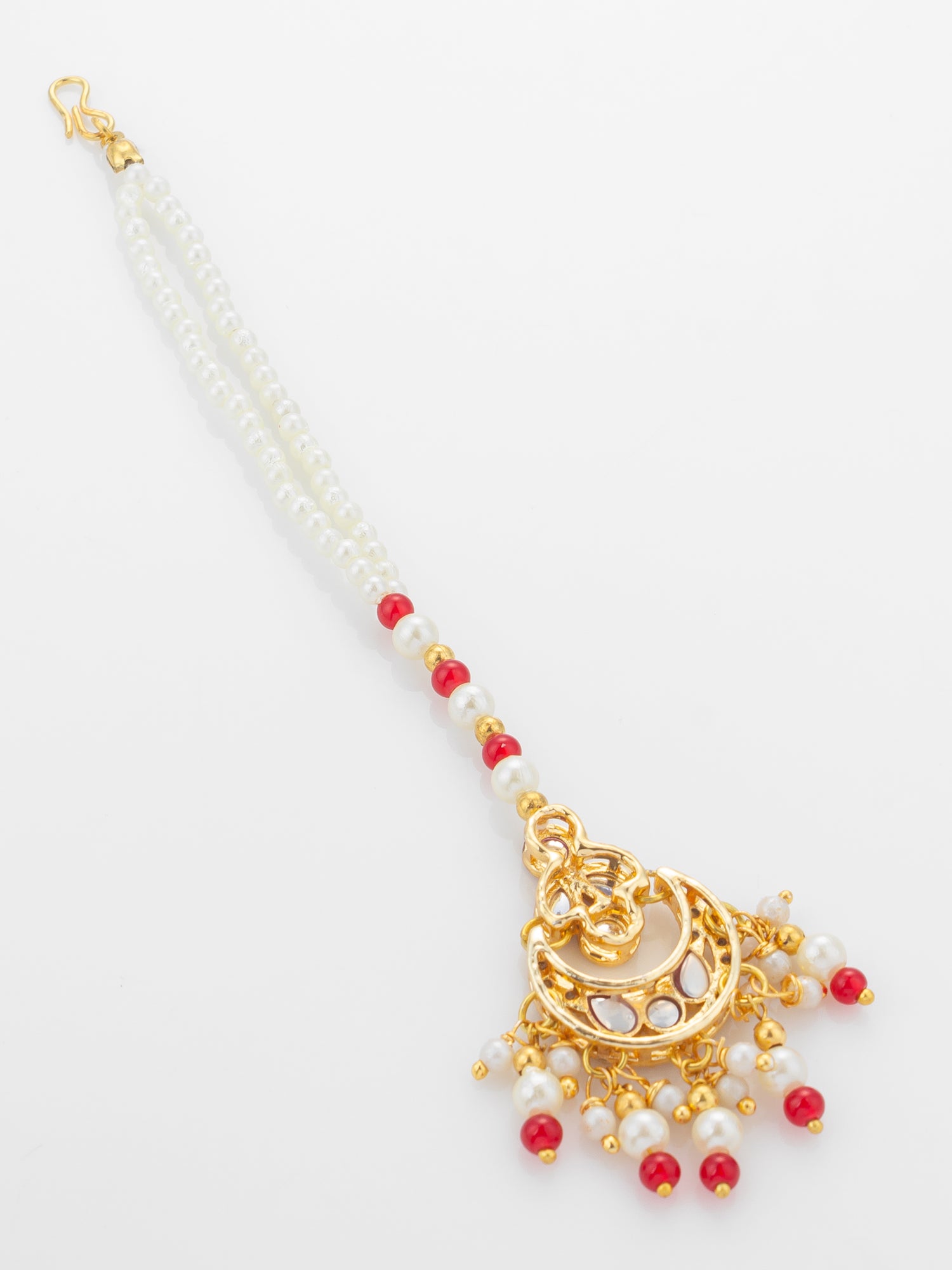 Aadita Gold Plated Ruby Stone Flower Pendant Mangtika with Pearl and Red Bead Chain – View 4 | Aadita Jewelry