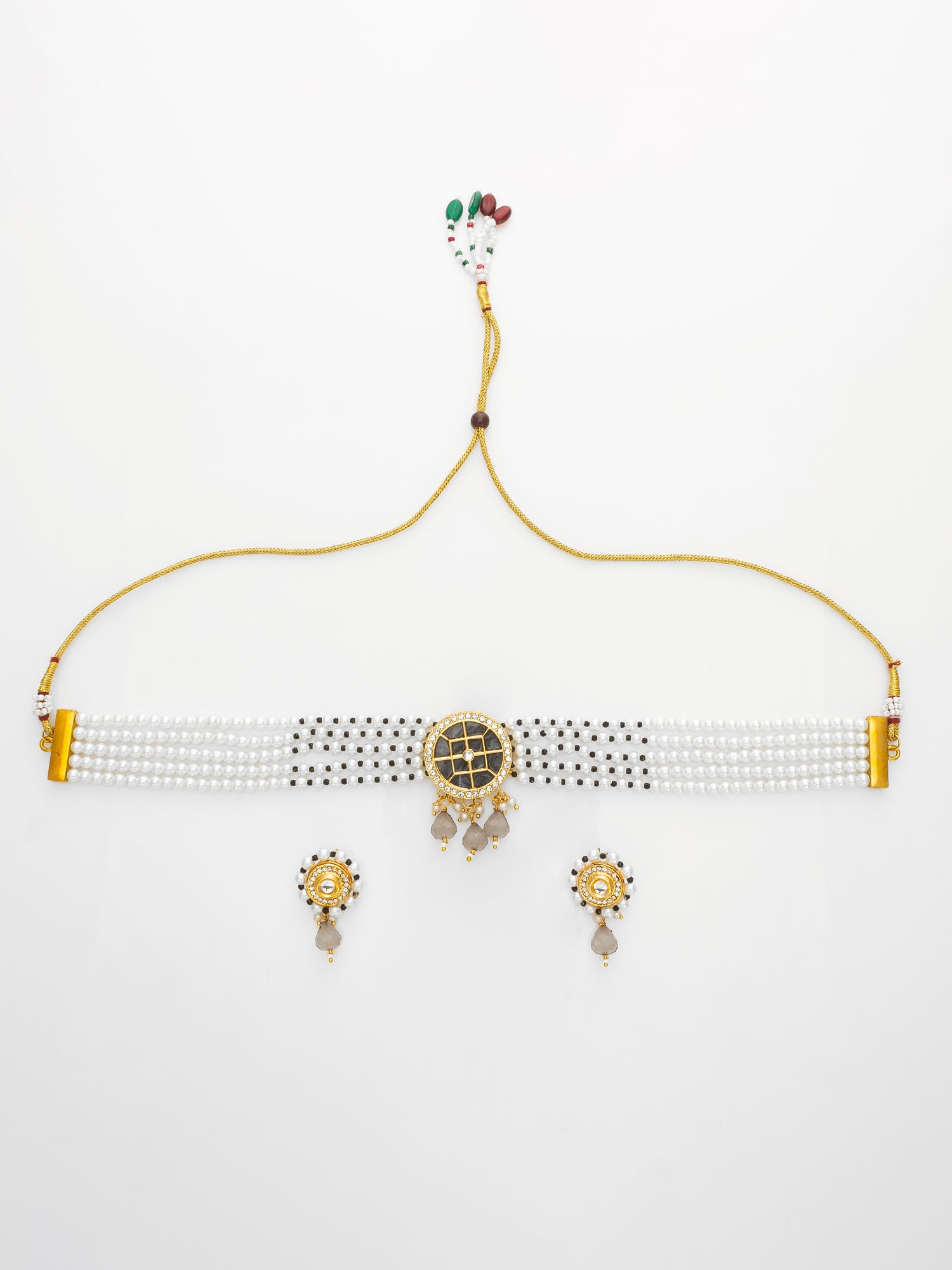 Traditional White Pearl Choker Necklace Set with Round Black Centerpiece & Earrings | Aadita Jewelry
