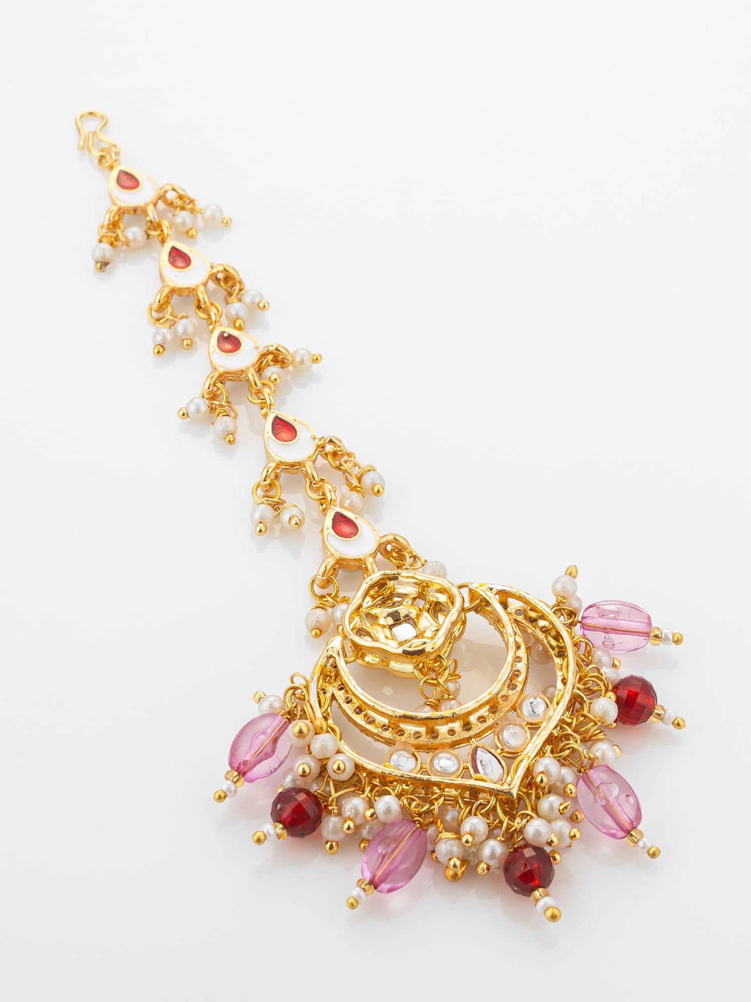 Aadita Gold Plated Kundan Chandbali Maang Tikka with Pink and Maroon Bead Drops – View 4 | Aadita Jewelry