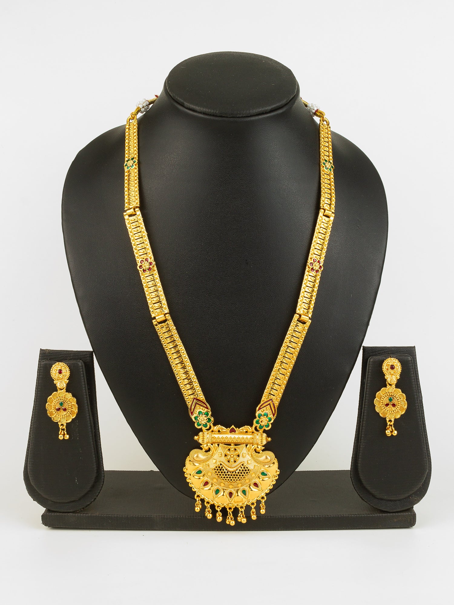 Gold Plated Traditional South Indian Long Necklace Set with Kemp Stones for Women – View 5 | Aadita Jewelry