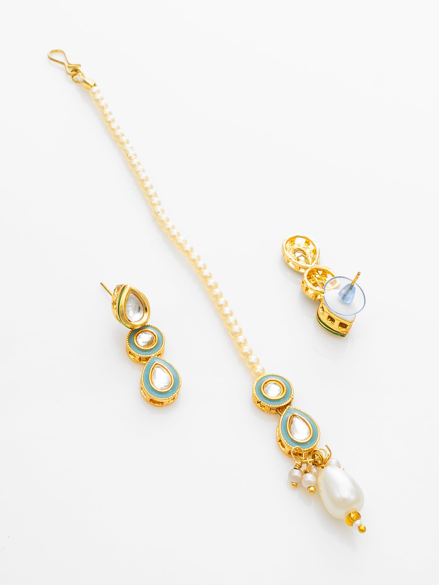 Gold Plated Kundan Choker Necklace Set with Green Enamel and Maang Tikka – View 3 | Aadita Jewelry