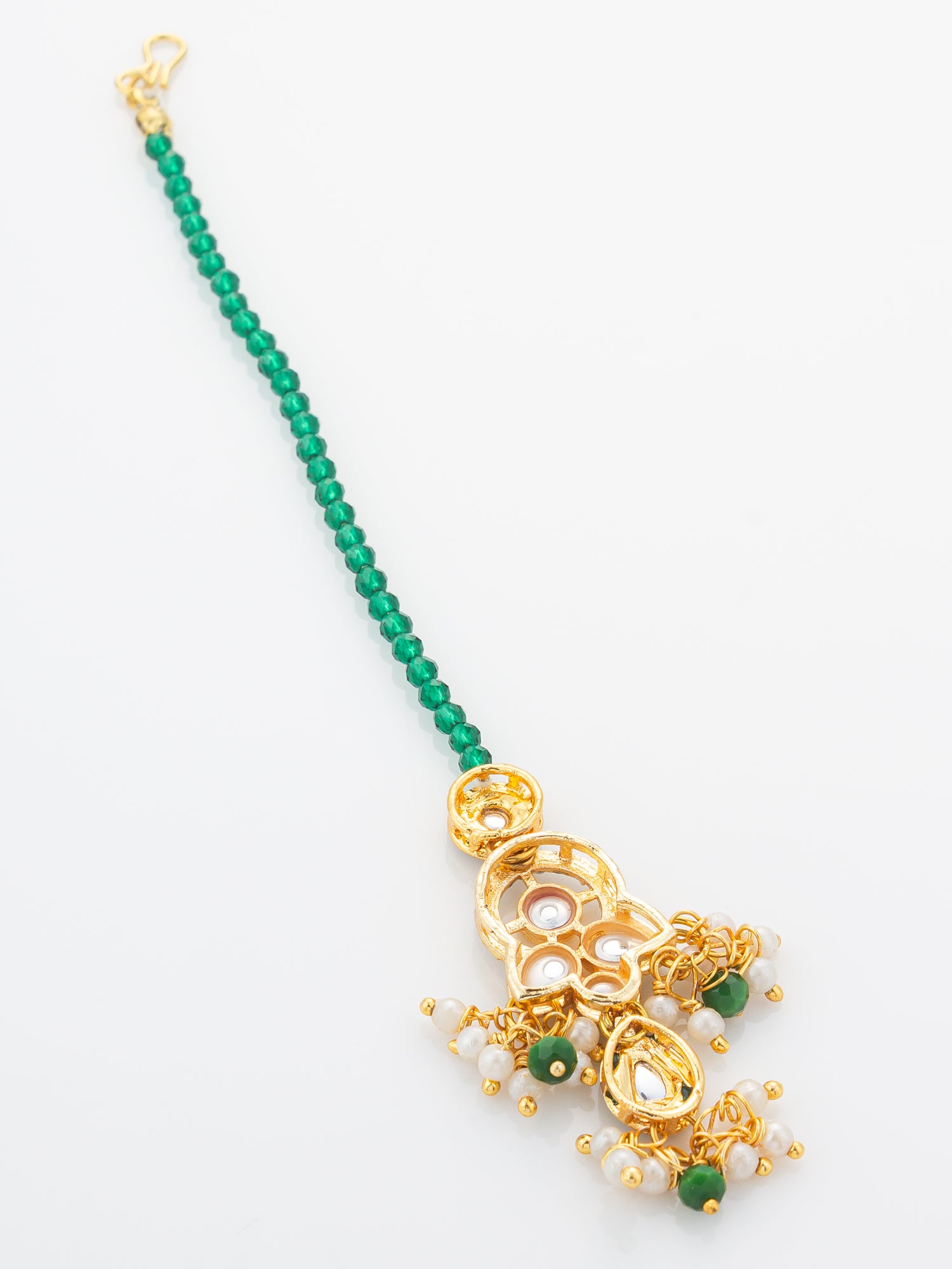 Aadita Gold Plated Green Bead Chain Mangtika with Meenakari Layered Pendant and Pearl Drops – View 4 | Aadita Jewelry