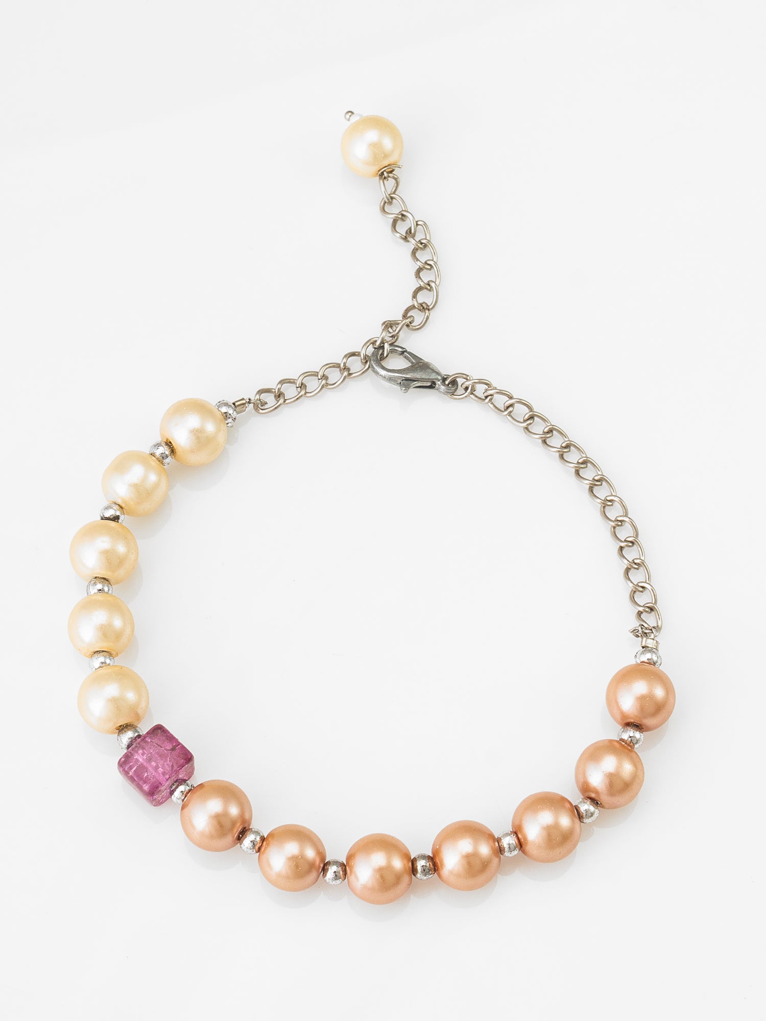 Dual-Tone Pearl Bead Bracelet with Cube Accent and Silver Chain – View 2 | Aadita Jewelry