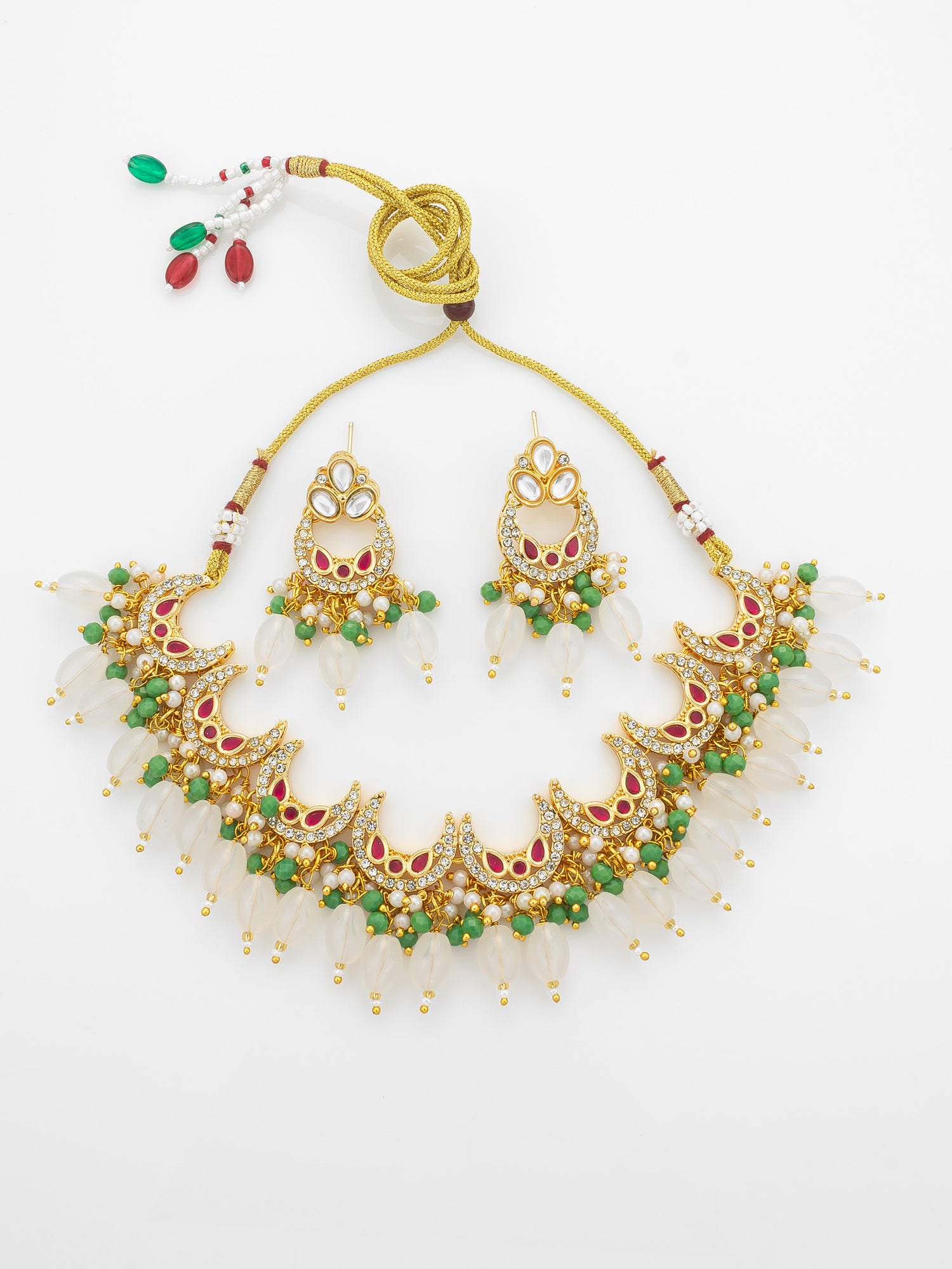Aadita Gold Plated Kundan Necklace Set with Green Beads and White Drop with Chandbali Earrings | Aadita Jewelry