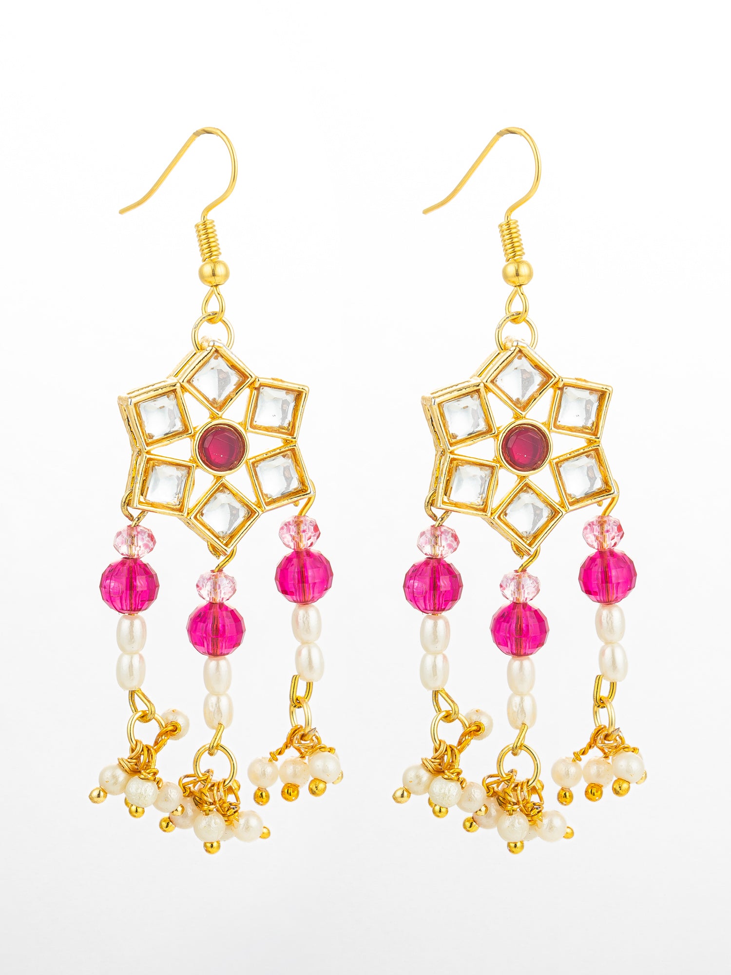 Ruby Red Hexagonal Kundan Chandelier Earrings | Aadita Jewelry