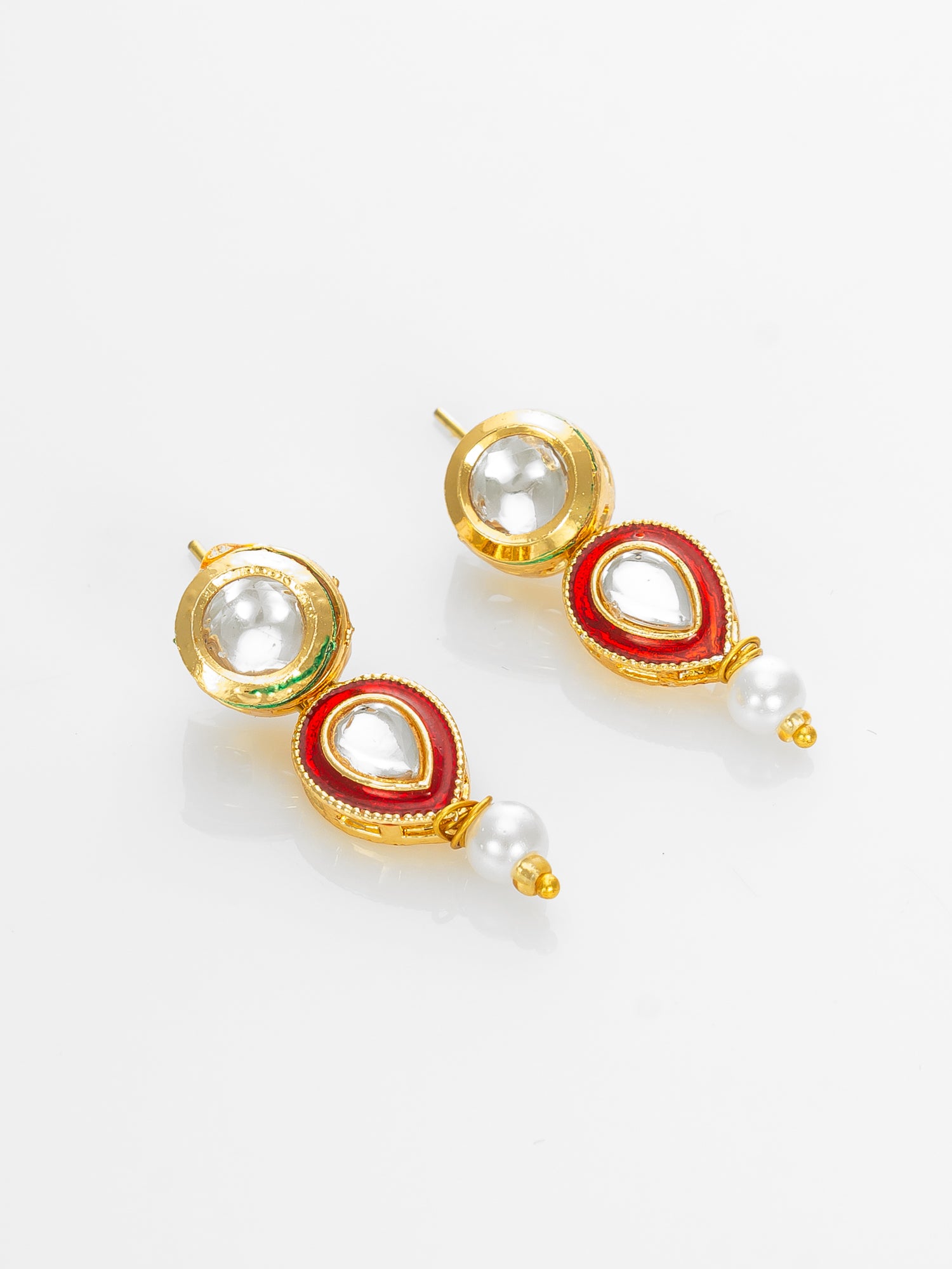 Gold Plated Red & White Pearl Beaded Kundan Necklace Set for Women – View 2 | Aadita Jewelry