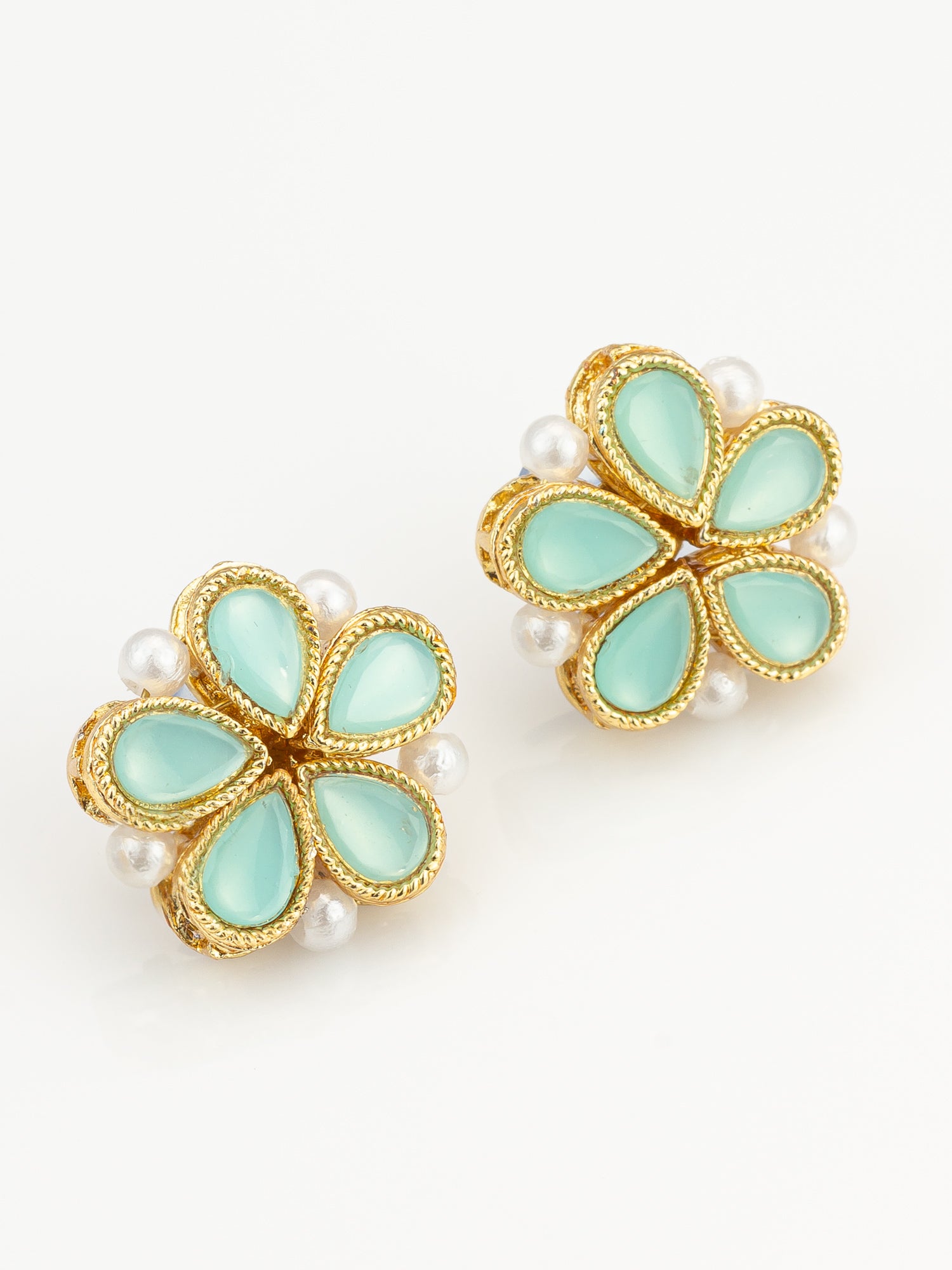 Gold Plated Mint Green Floral Stud Earrings with Pearls – View 2 | Aadita Jewelry