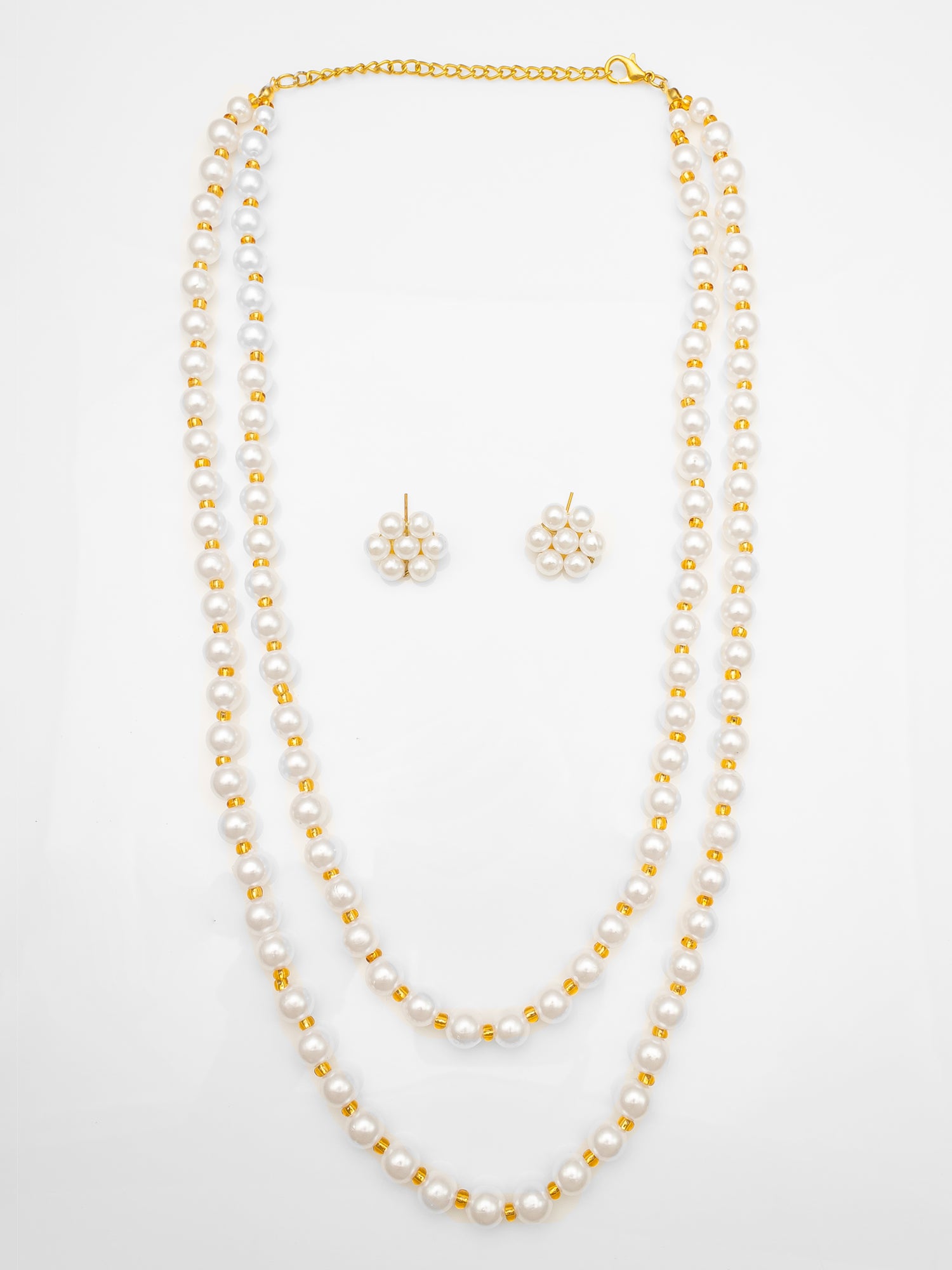 White & Gold Pearl Beaded Double Layer Necklace Set | Aadita Jewelry