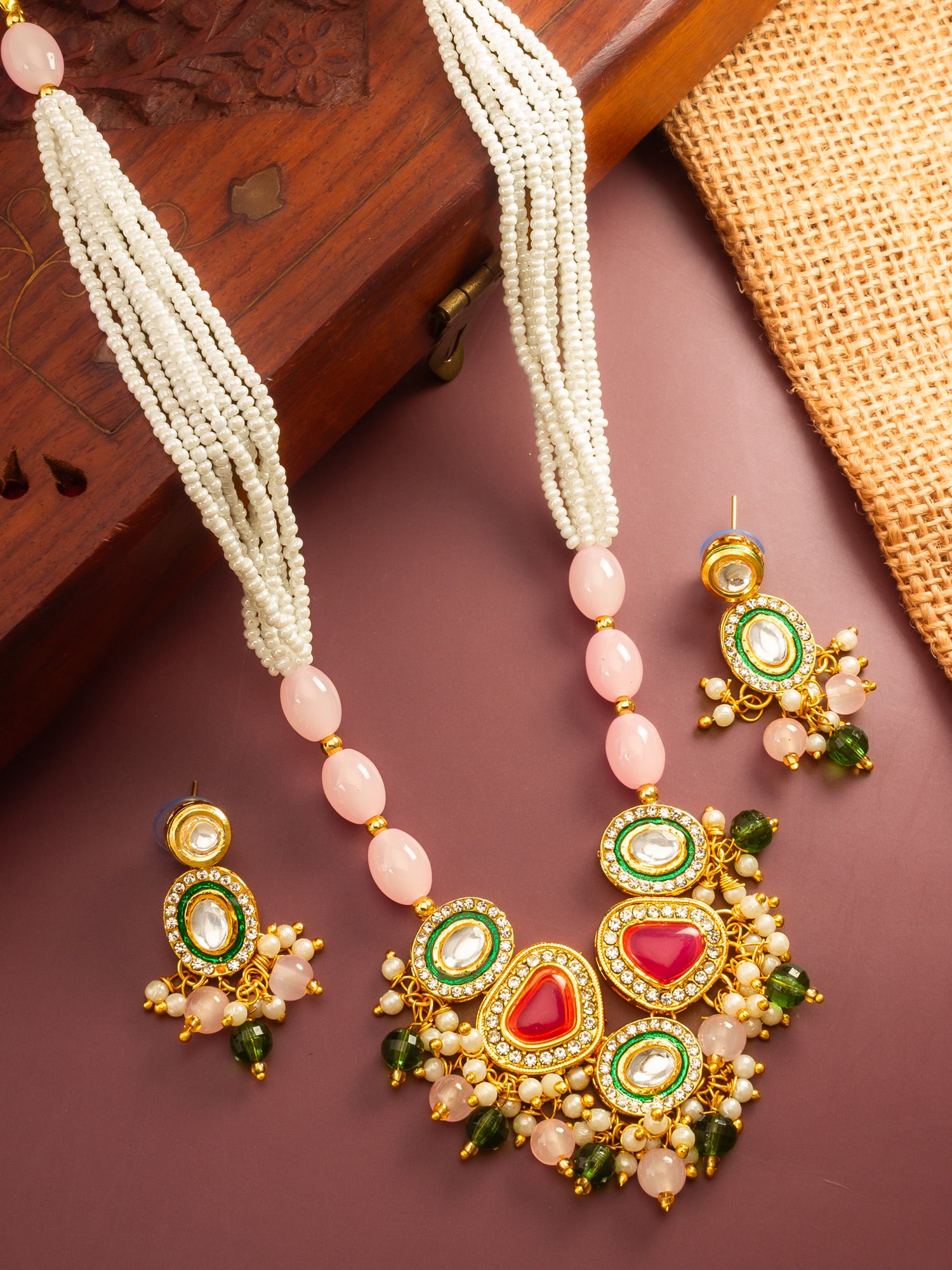 Gold Plated Kundan and Pink Stone Multi-Strand Pearl Necklace Set – View 5 | Aadita Jewelry