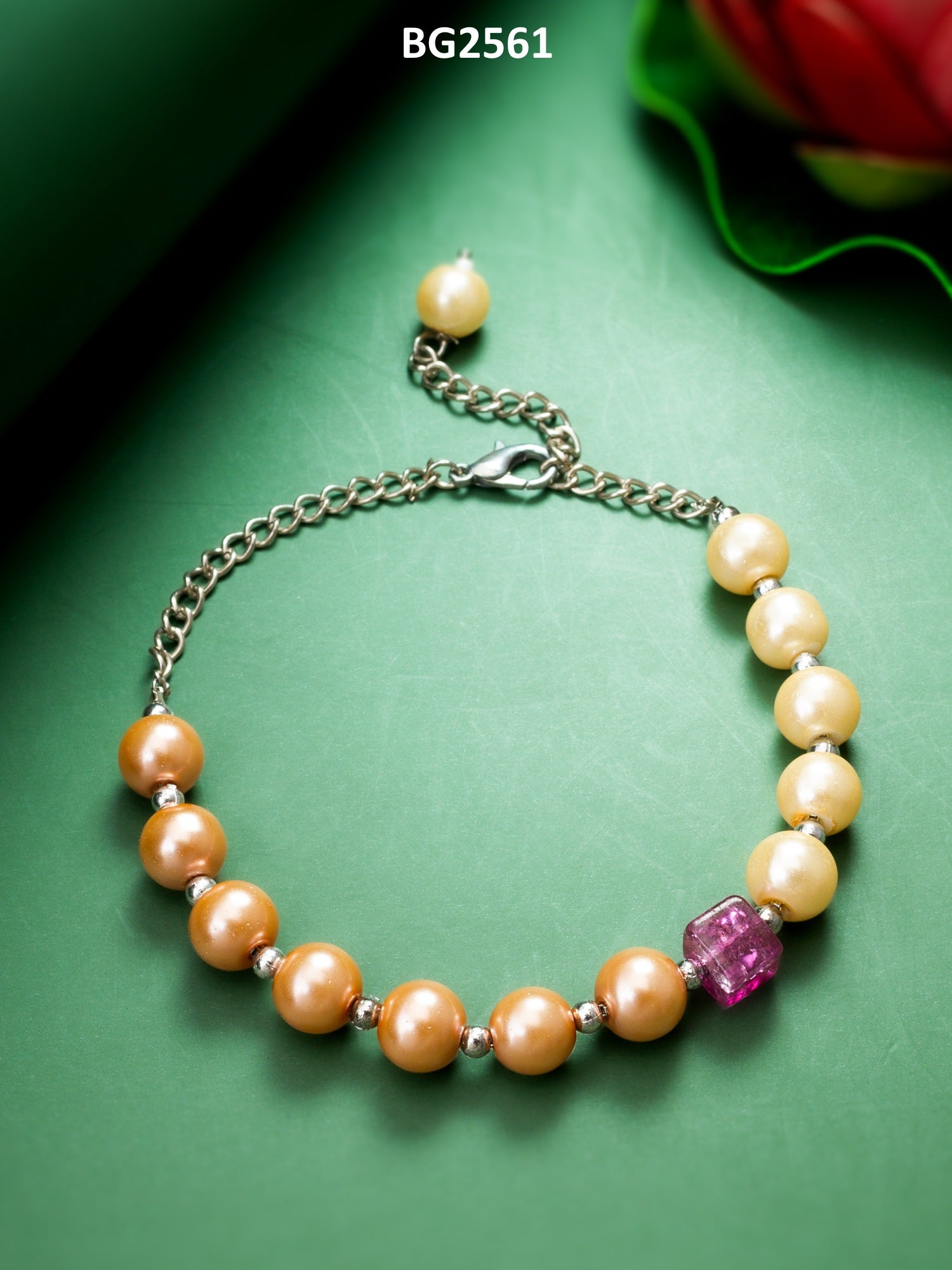 Dual-Tone Pearl Bead Bracelet with Cube Accent and Silver Chain – View 4 | Aadita Jewelry
