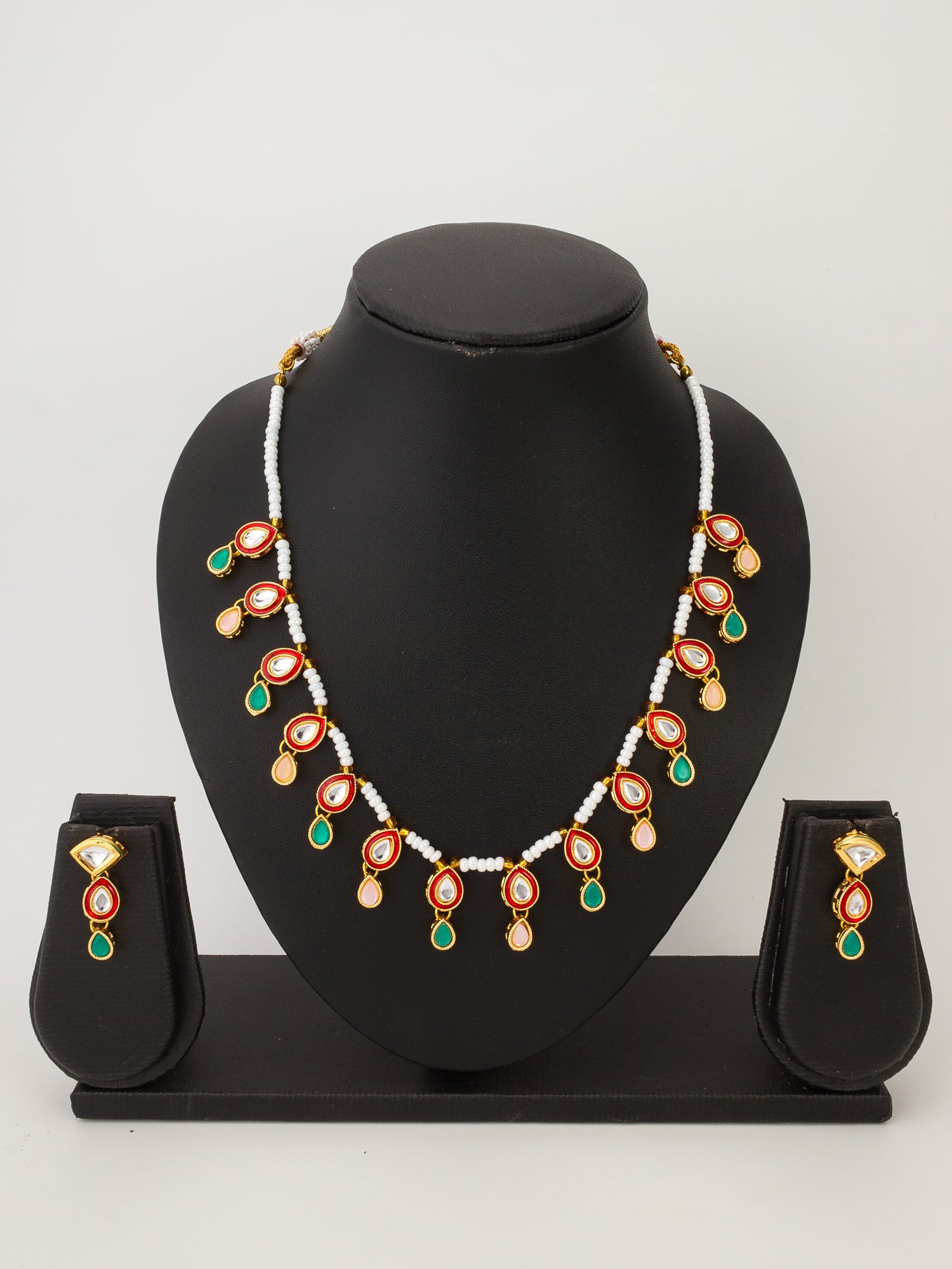 Pearl Bead Necklace set with Multi-Color Kundan Teardrop Pendants – View 4 | Aadita Jewelry