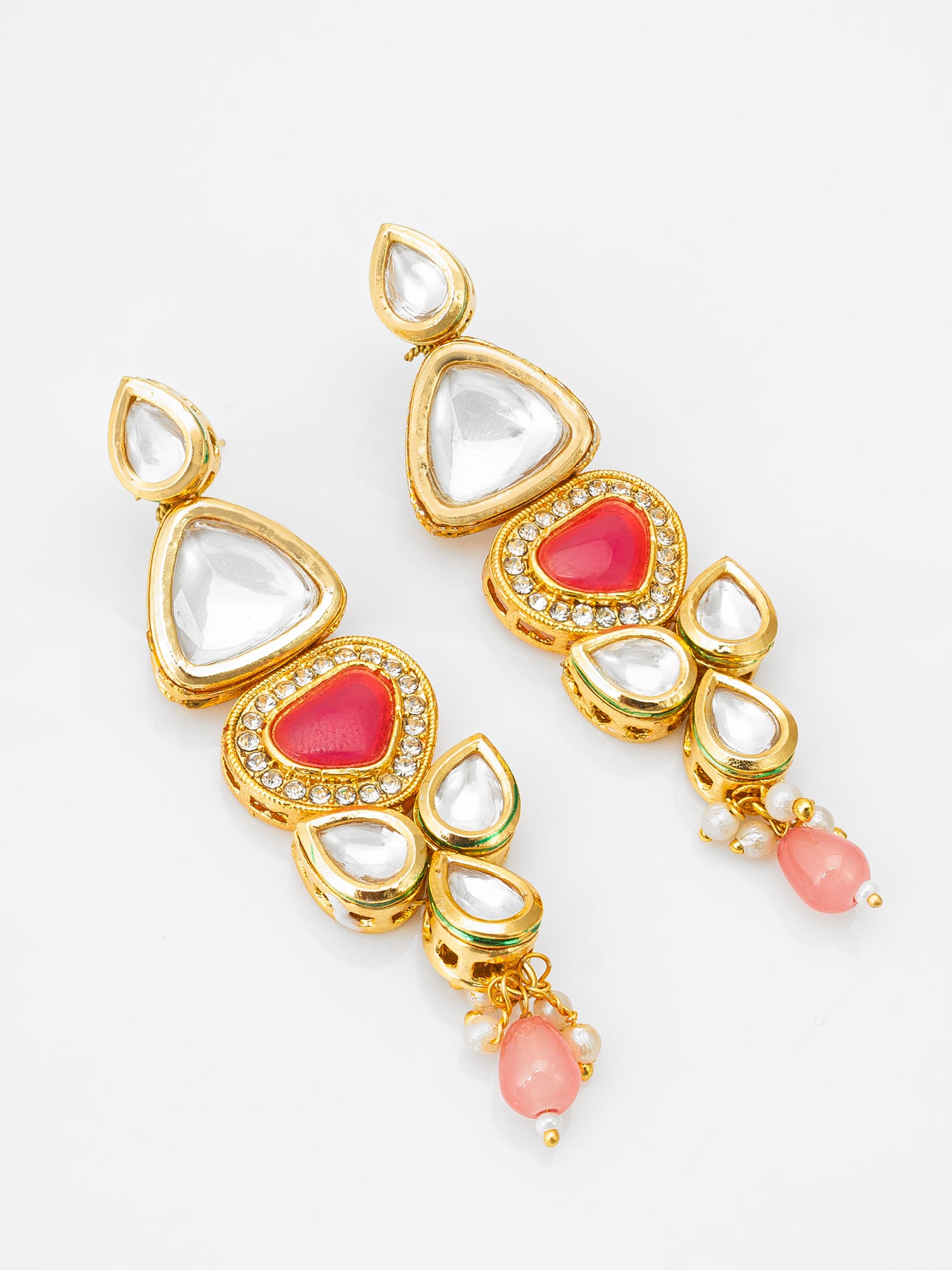 Gold-Plated Stone Long Drop Earrings with Pearl and Bead | Aadita Jewelry