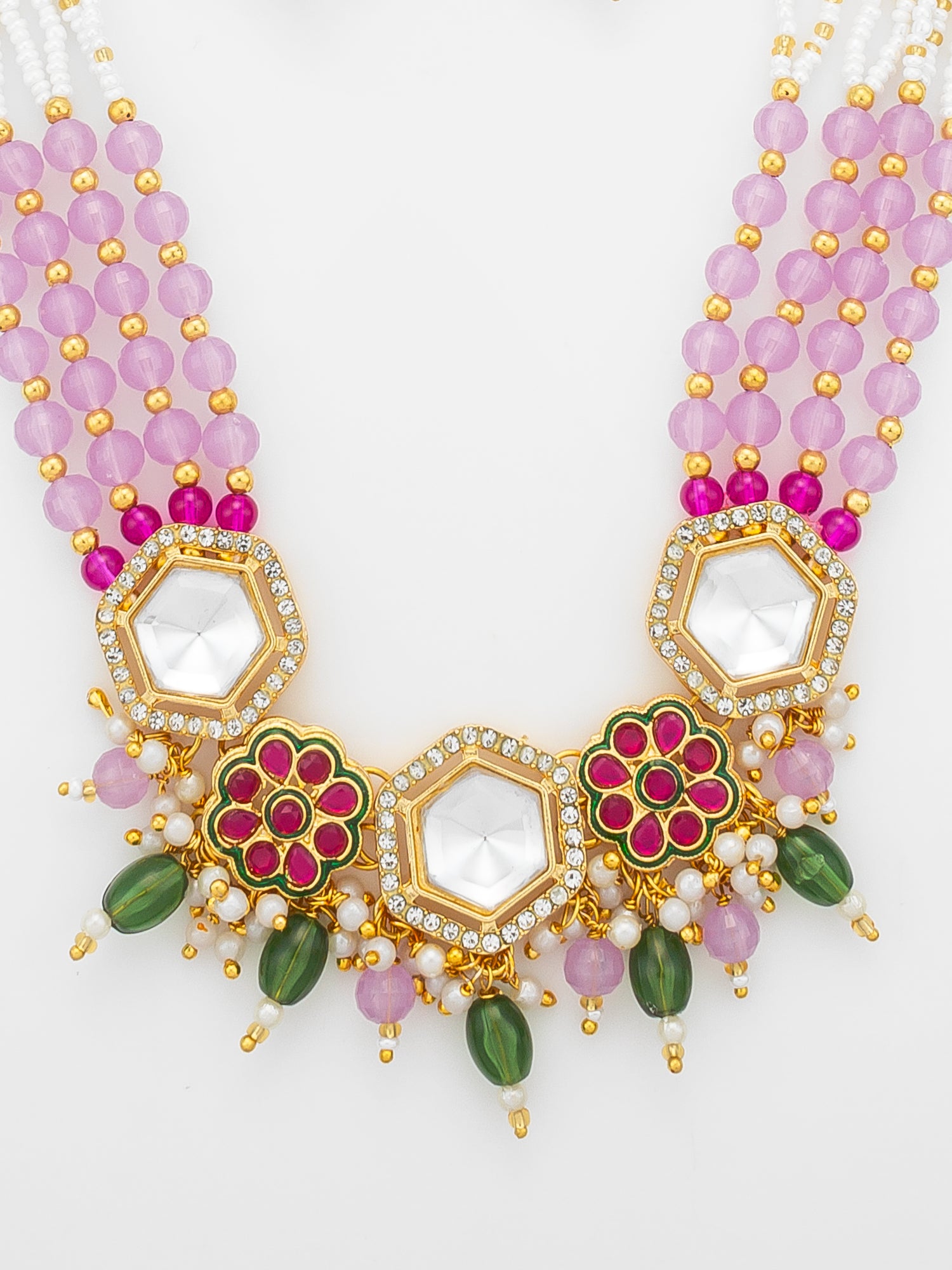 Aadita Gold Plated Kundan Hexagon Necklace Set with Pink Beads and Meenakari Earrings – View 4 | Aadita Jewelry