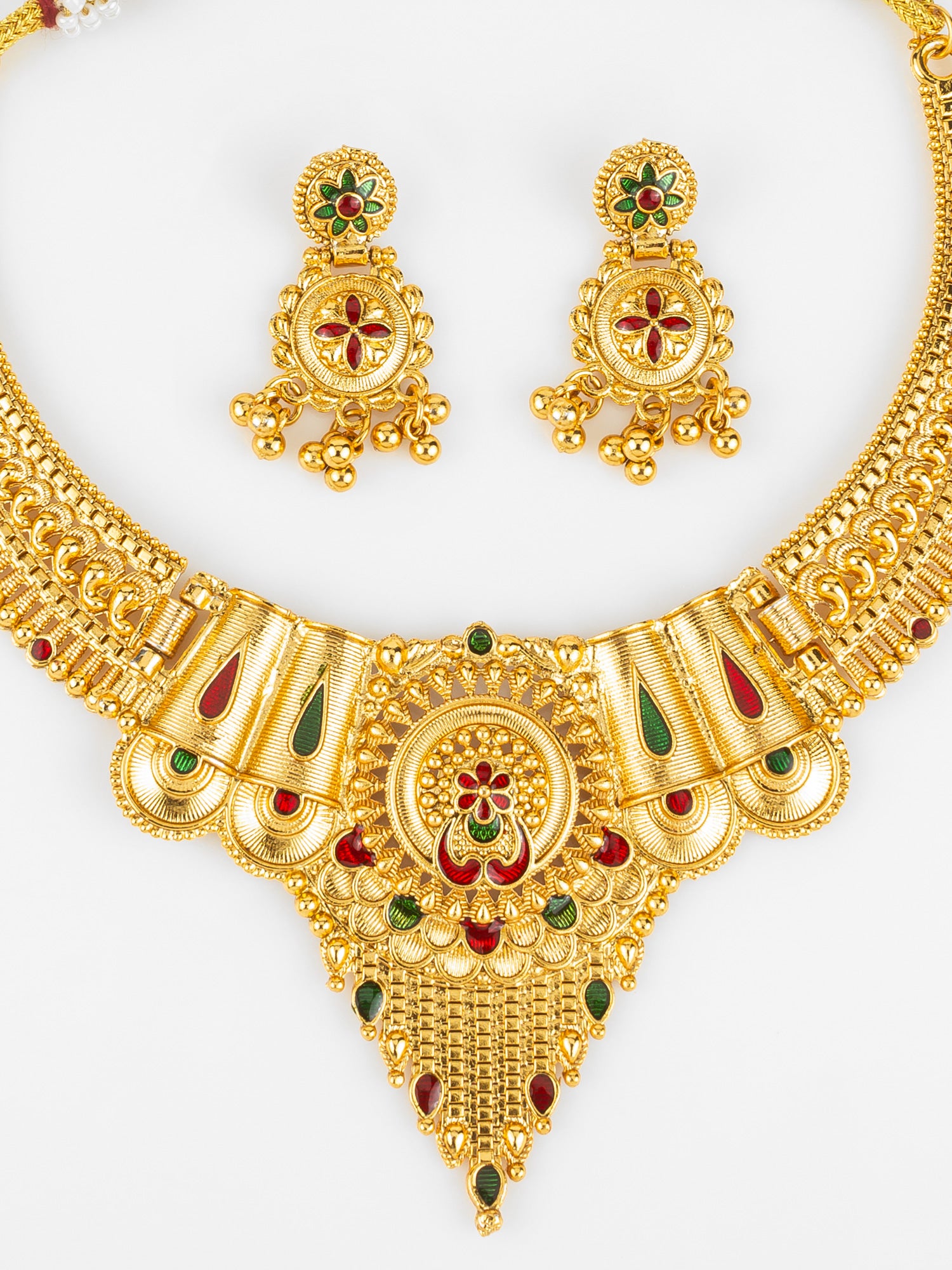 South Indian Gold-Plated Necklace Set | Traditional Bridal Temple Jewellery with Earrings – View 4 | Aadita Jewelry