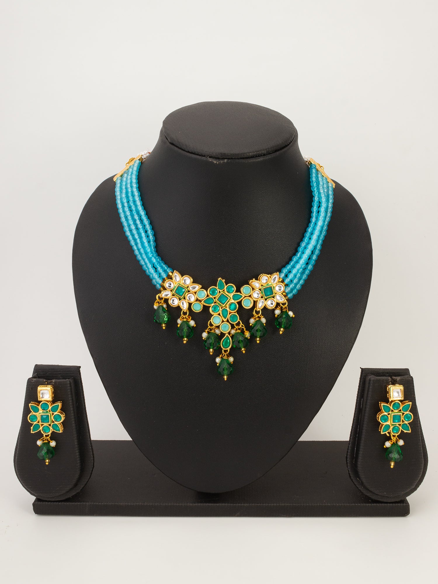 Sky Blue Bead Choker with Emerald Green Kundan Accent Set – View 4 | Aadita Jewelry