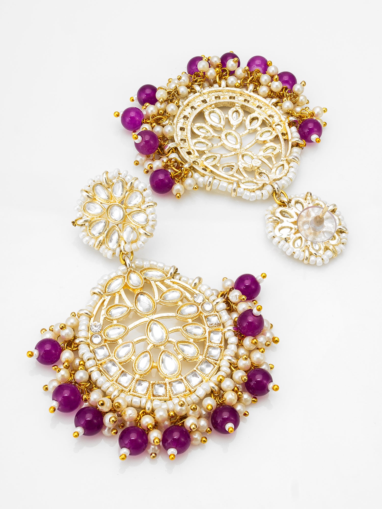 Kundan Chandbali Earrings with Purple Beads and Pearl Cluster Drops – View 2 | Aadita Jewelry